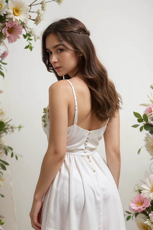 blonde hair, blonde beautiful young woman, 20 years old, mid size breast, , transparent sheer tee, semi transparent top, see trought, white dress, in garden with blue eyes, , perizoma, sophie mudd, Best quality, natural makeup, 8K，HighDynamicRange，A high resolution），（（（ultra-realistic realism, masterpiece，Best quality，A high resolution））,, complete body, touching her hair, , behind view, realistic skin, ,