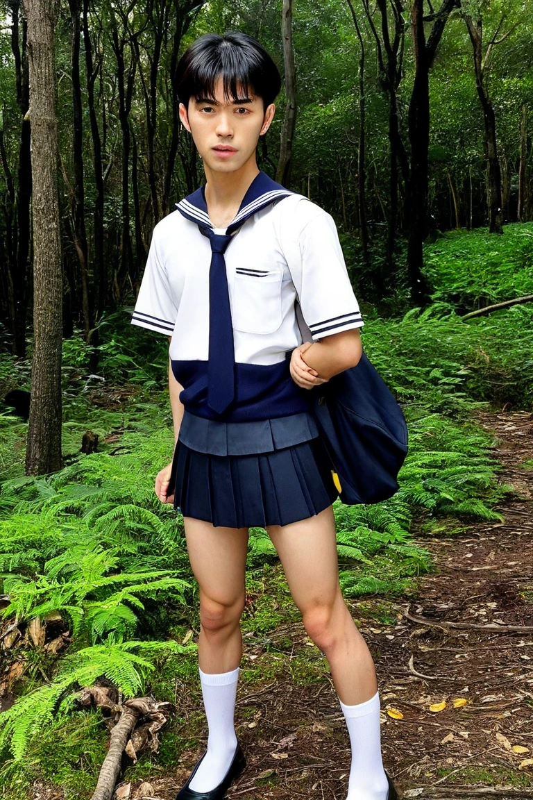Crying sad face Korean handsome boy student, one person white shirt,wearing white bikini boy's underwear,Standing nude, facing halfway, wearing eyes glasses, cute face round eyes, another multiple students wearing a student uniform suit in background , skinny slim young boy body , full body shot bare feet 
