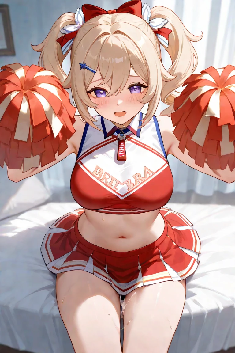 Naked cheerleader , yawning with eyes closed , bun hair style , with black tiny demon horns, wearing necklace, on bed, kneeling with butts up, having sex