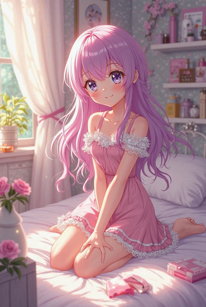 An anime girl in pajamas wearing a bra