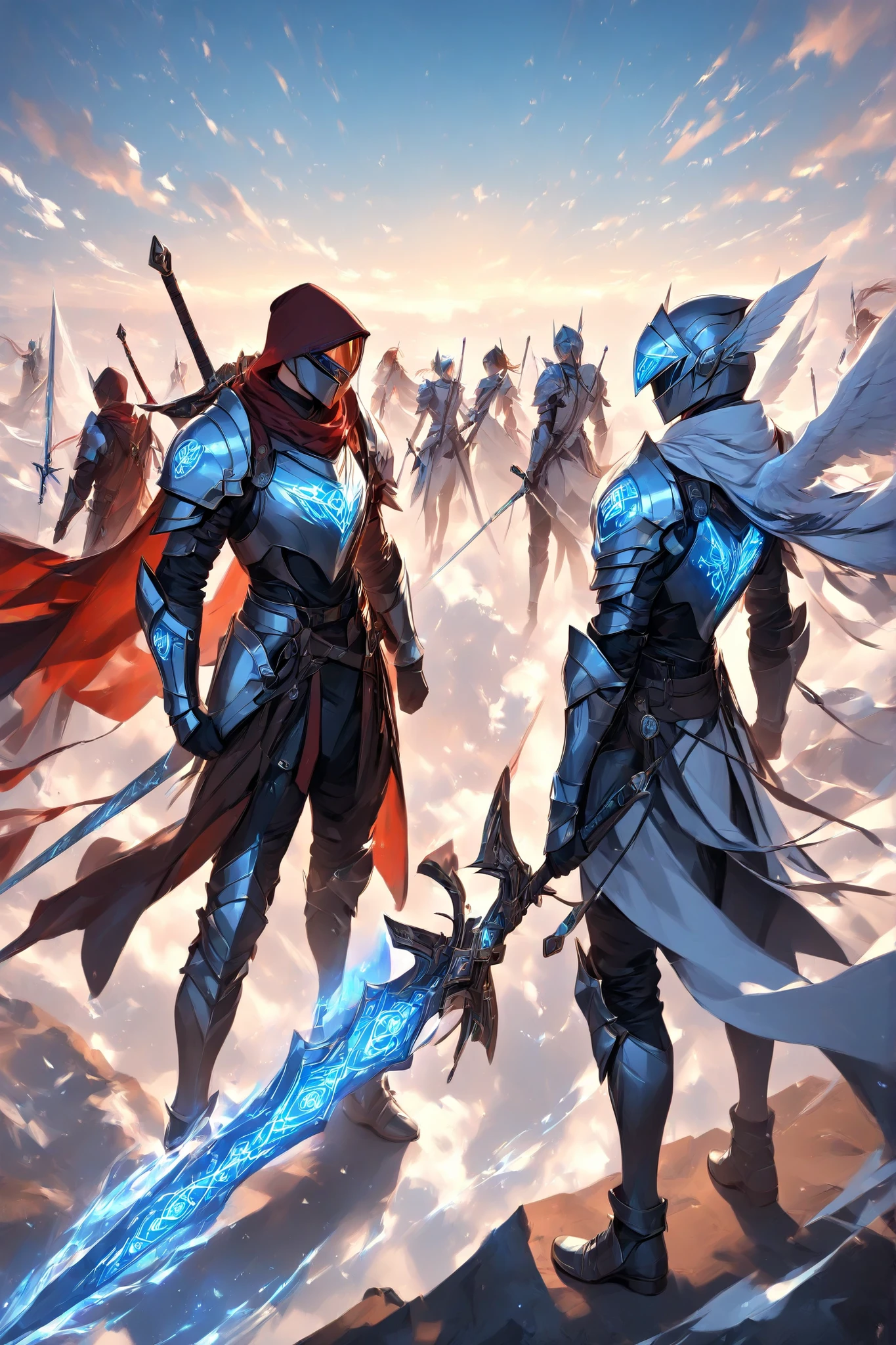 Glowing Runes、Glowing Rune Circle、Glowing Rune Armor、Glowing Rune Sword、Sky Knight、A knight gliding at breakneck speed、Glowing Armor、 white wings on your back、Neon Vapor from the tip of the feather、Visualize the flowing wind、Works with a sense of speed、Impressive work 、early