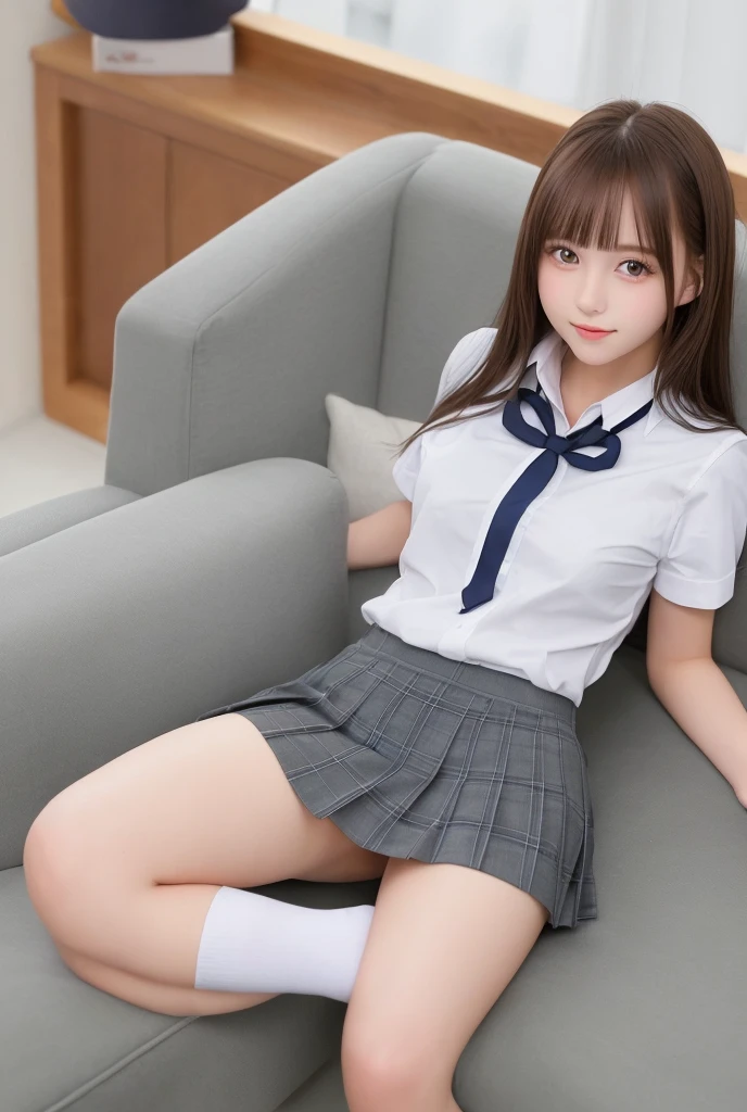 14years、brown haired、beautidful eyes、real looking skin、hi-school girl、small tits、(8K、masterpiece)、(reallistic、Photorealsitic)、top-quality、ighly detailed、The ultra-detailliert、Beautie、cute little、chineseidol、idol、a smile、Close-up portrait、Healthy face、School uniform、plaid skirts