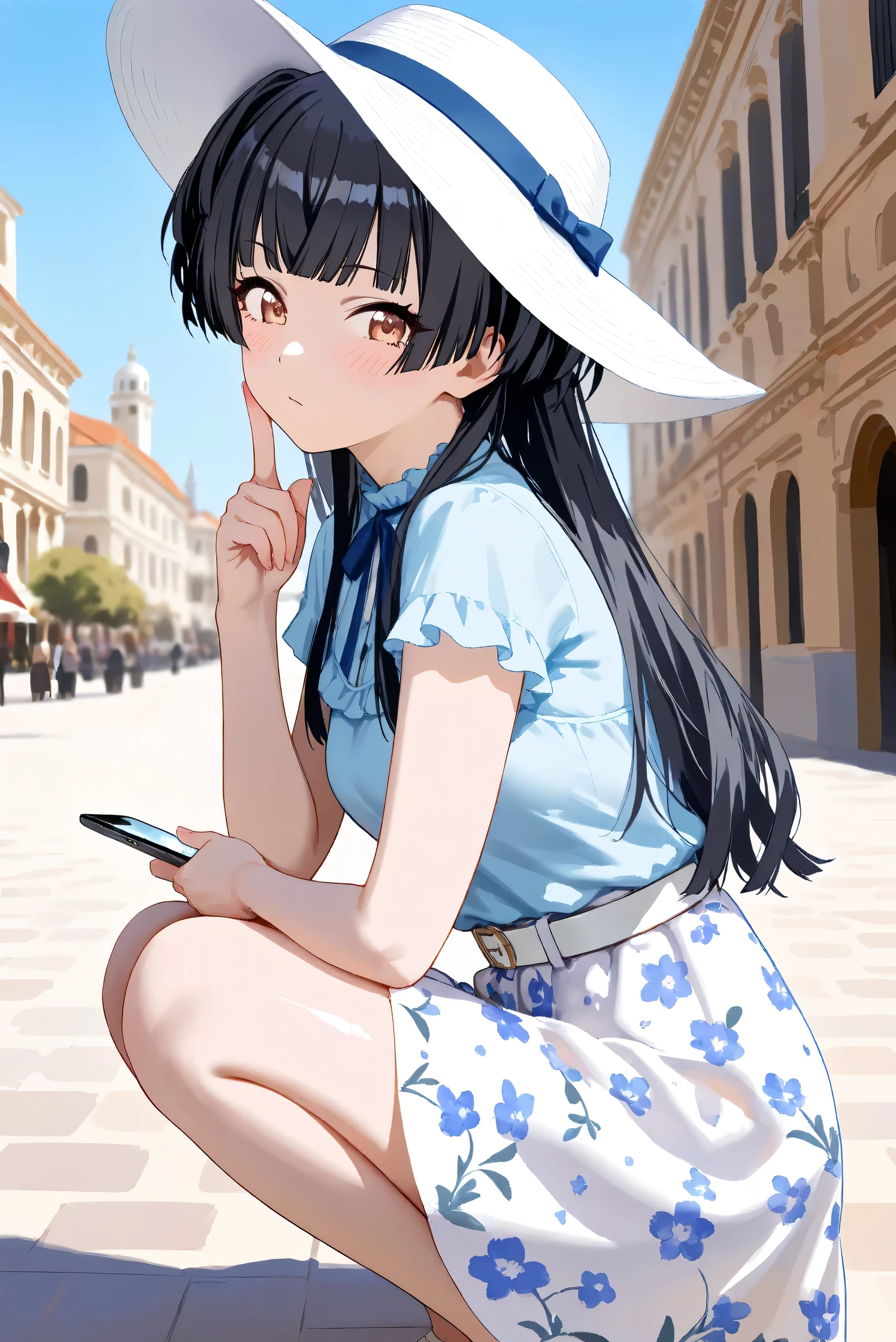 (Masterpiece), (Highest quality), (Very detailed), 
(The best shape), (Best Shadow), (Absurd), 
(Detailed background), (So beautiful), Shiny , 
Extraordinary, Countershading, 8k, 32K, High resolution, Beautiful eyes in every detail,
Very Detailed CG, UHD,

Score_9, Score_8_up, Score_7_up, Source_anime, 
(Pastel painting:1.2), (Watercolor painting:1.2),
(Masterpiece, Detailed:1.2), (Foreshortening:1.2),

Cinematic, Dramatic, (Depth of field:1.4),
(Blurry background:1.4), (Realistic background:1.4),
(Foreshortening:1.3),Dynamic angle, 1 girl, solo,
Venice, Venice Building, Outdoor, Nature, Blue sky,

from side,

Mayuzumi Fuyuko,
The idolmaster shiny colors,
mayuzumi_fuyuko, 1girl, black hair, two side up, brown eyes, small breasts,

(Casual wear:1.3),
Light blue shirt, Short sleeves shirt, Frills,
ribbon, Blue ribbon,
Skirt, White skirt, Floral print skirt, Belt, White belt,
Wide Brim Hat, (White hat:1.2), Blue ribbon,

portrait, Focus on face, (close up shot:1.2),
(Blush:1.3), 
holding a phone, Put her index finger on her cheek, squatting,
Realistic skin, Shiny skin,