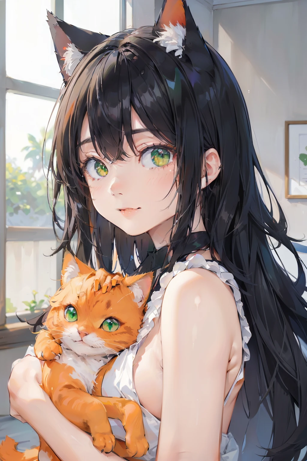 A cat ears girl holding a orange cat ((Best quality1.2))、((masterpiece))、((doress))、rot((black-colored hair))、((Take a cute orange cat 1.5))、((green eyes)), ((Black skin tone))