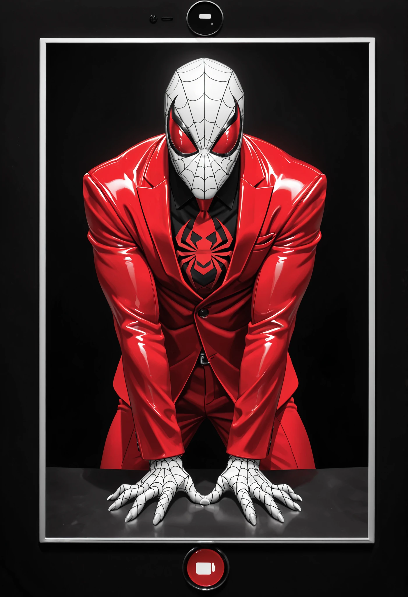 Masterpiece,The best quality,newer,absurdres,highres,monochrome,logo on black background,Red scale,grayscale,vivid colors,spiderman,dynamic pose,Red and blue suit,(photo slideshow),super detallado