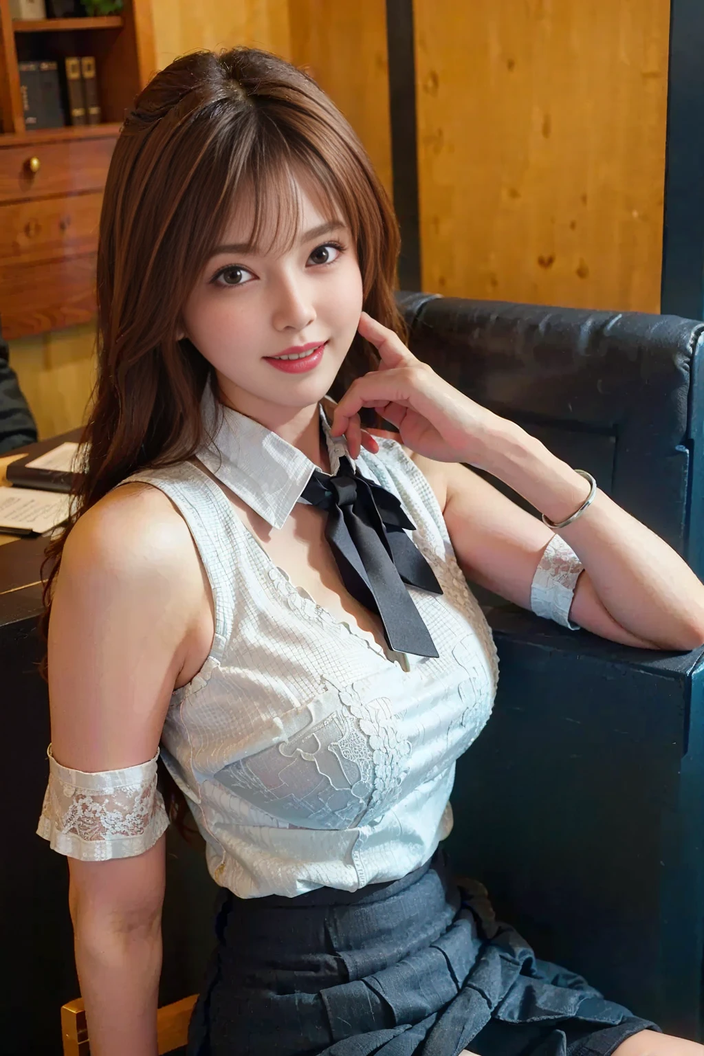 The 8k quality, Masterpieces of beautiful colors, Like a real photo、Solo Photography、((One woman in her 20s)), Beautiful Japan Woman、(((On the plane:1.2))) 、Background bokeh、 Detailed and beautiful lips , (Put your ears out、semi long hair)、bangss, Clear and beautiful face and well-proportioned eyes, ( Light makeup, beautiful brown hair, )、well-formed nose、tthin eyebrows、 (Soft light, High quality, Smooth and sharp, 10x pixelated, F Cup Breasts、(Beautiful eyeshadow: 1.8), （(NSFW))、Ecstatic look、(((stewardess)))、(Black School Uniforms、White silk scarf）、((Black vest、white  shirt、Black miniskirt))、​masterpiece, top-quality, Cute round face, The mouth is closed、Sexy mouth、Very detailed 8k wallpaper、(((Pure white panties)))、Voluptuous thighs、Beautiful legs、Black stockings、((high-heels))、Delicate body、Slimed、(((Hold the hem of the skirt with both hands and lift it above the waist、Lift the skirt with both hands to show panties on purpose:1.5)))、low angles、((NSFW))、(Cute Japan Girl、Face the front and look at the camera、shiny dark brown hair)、Light in the eyes、Smaller face、二重まぶた、Golden Ratio Beauty Face、lipgloss、电影灯光、Light on the face