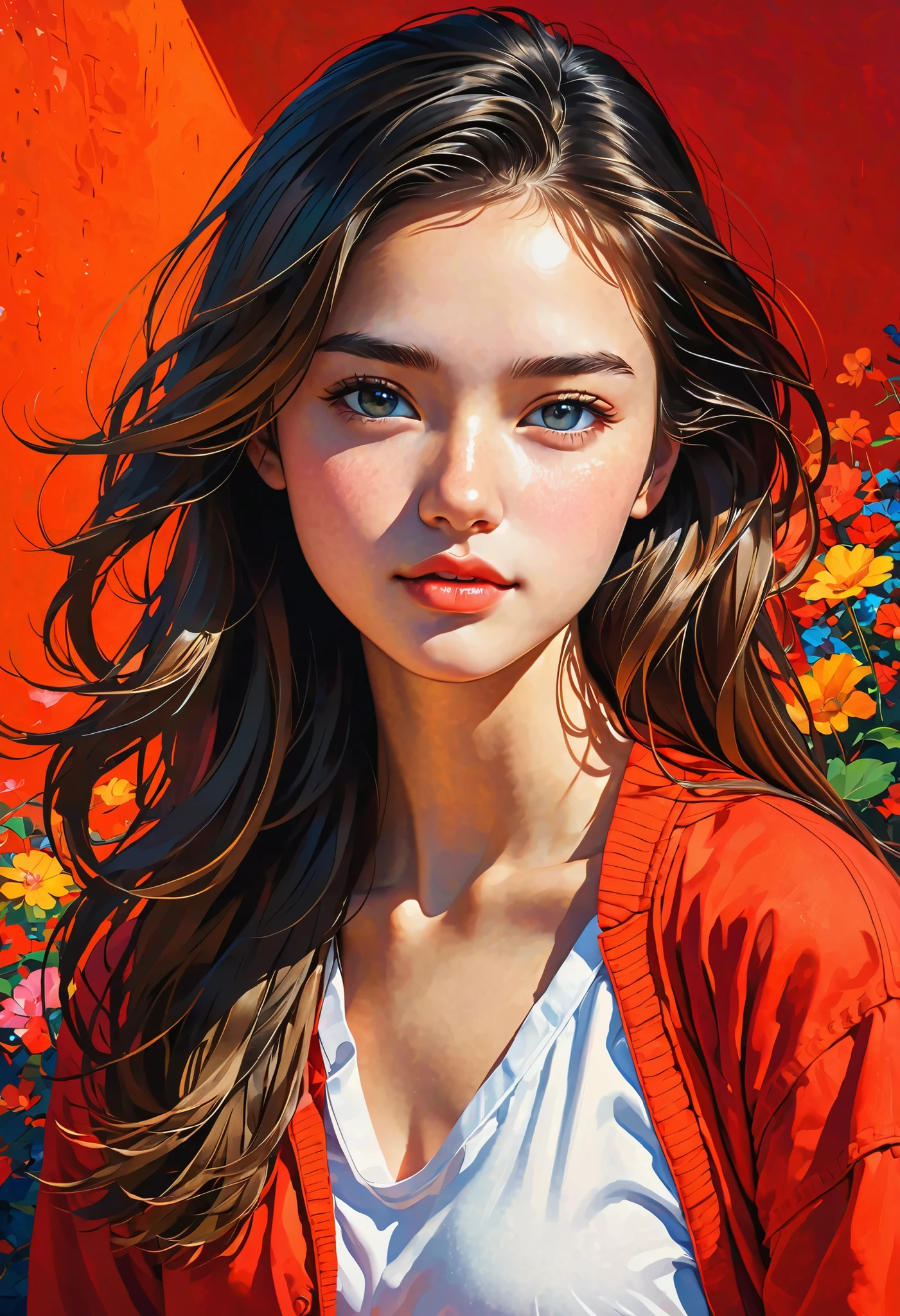 high definition illustration art、masterpiece、 18 year old beautiful woman ,long hair,vivid colors,high contrast,(natural skin texture, hyperrealism, Soft light,  sharp), red background , dark,