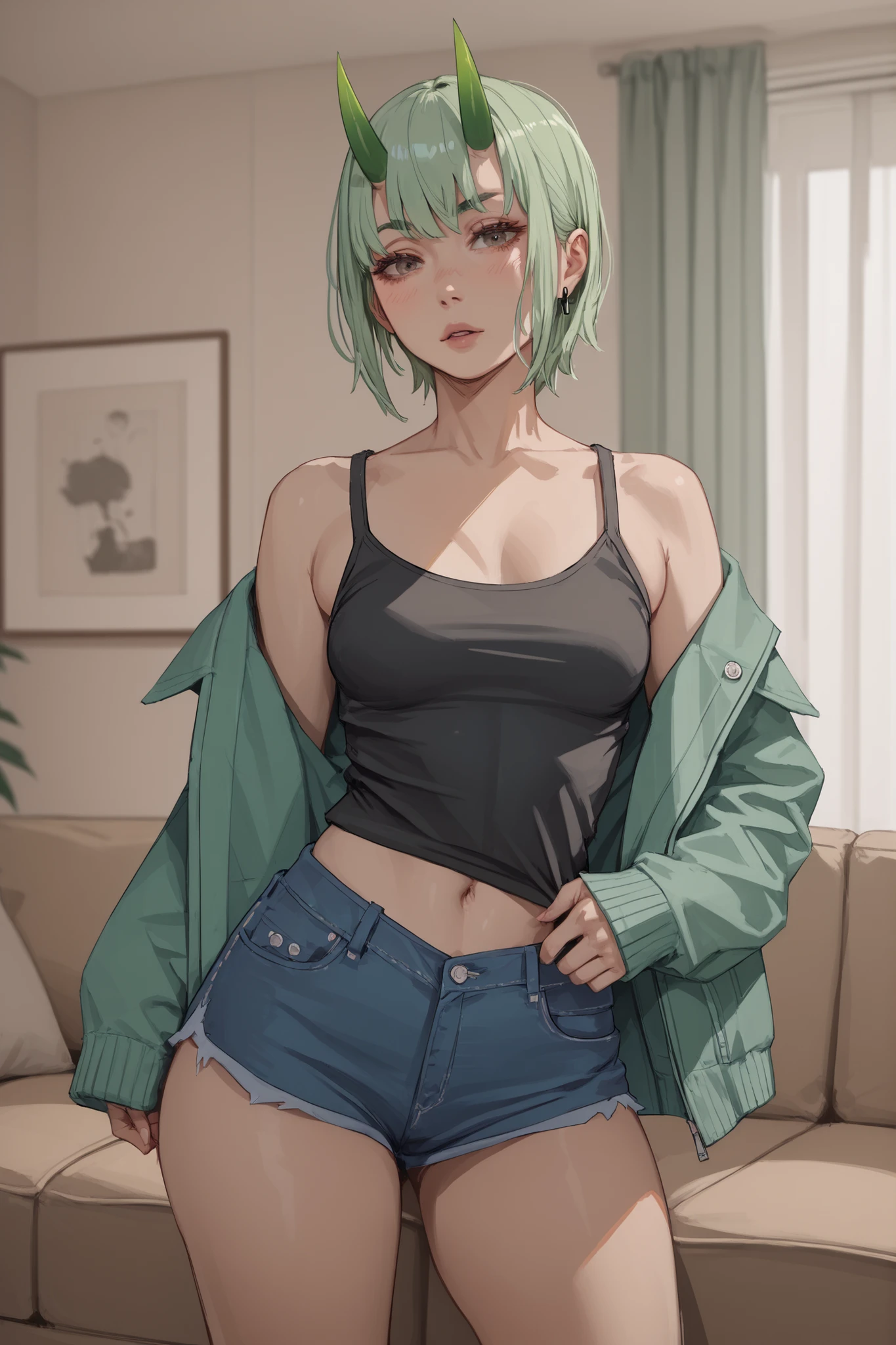 1 girl, short light greenhair, dark and green oni horns, voluptuous, small breasts, black tank top, pale green jacket, short denim shorts, tech living room