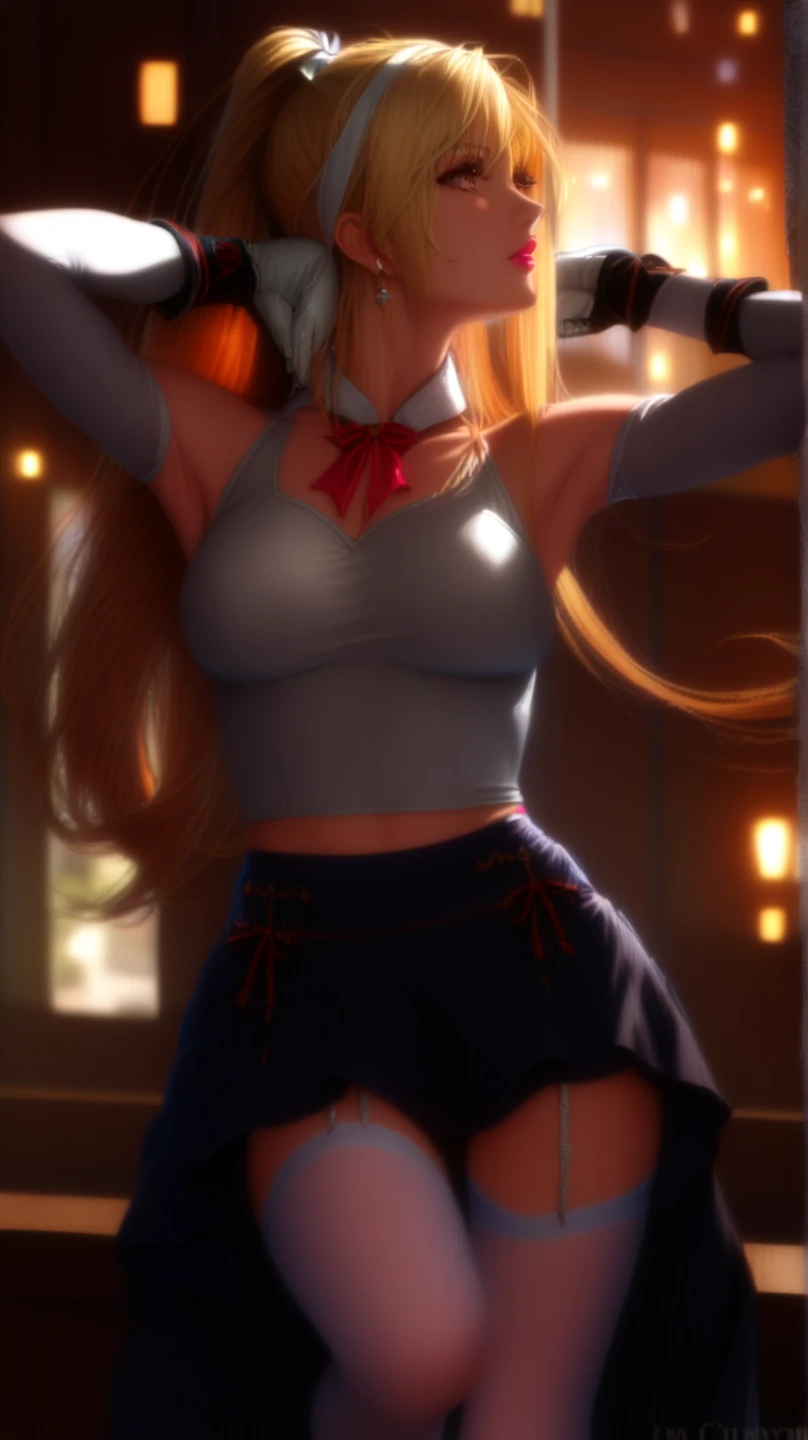Solo woman, long soft orange hair, hair between the eyes, bright blue eyes, medium chest, breasts, red t-shirt with bare shoulders, black short skirt, underwear, socks thighs, back at home, stand happy,