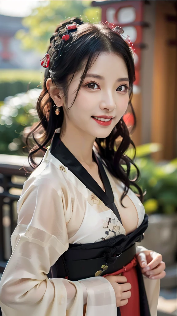 1 girl, national foundation, (hotel background), ((32k, raw, masterpiece: 1.5)), (Professional photography, sharp:1.2), Perfect dynamic composition, (Natural sun light), (soft shadow), (((skinny figure))), ((huge round breasts: 1.25)), (((((black long curly hair))))), Ultra-detailed faces and skin, perfect asian, White skin, (Delicate skin:1.4), (latex skin:0.4), (perfect glowing skin:0.6), light brown eyes, beautiful eyes, round eyes, pretty face, blush, glossy lips, glossy eyes, Perfectly proportioned face, Really moist skin, Refined expression, (((huge smile at the camera))), looking at camera, Refined expression, Elegant necklace, Elegant earrings, minimalist, ((((black and yellow hanfu))))