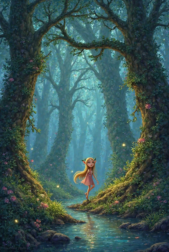 beautiful blonde woman looking down at camera, blue eyes, gleeful smirk, blue dress, extreme low angle, extreme worms eye view, floor view, in a lush forest, sunlight, sunny