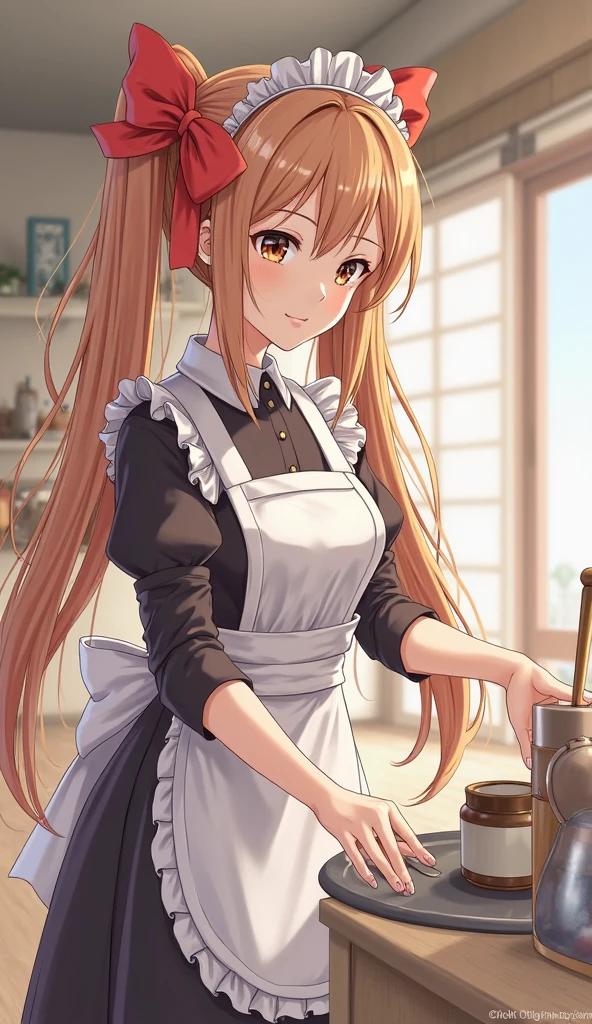 （top-quality）、Girl in apron while cooking、kitchin、Wavy Hair、Apron、Pretty girl with a smile、cafes