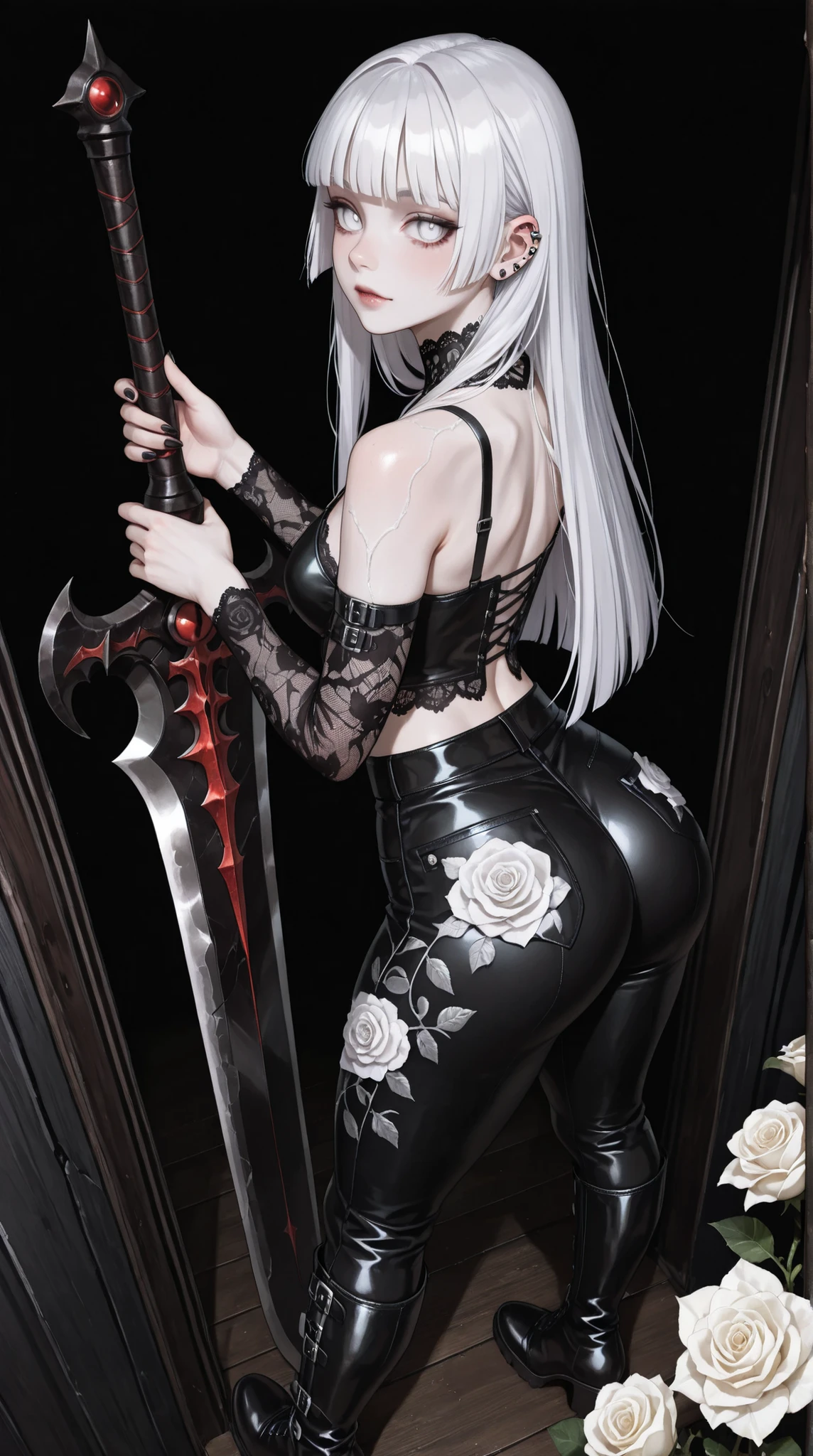 1girl, vampire, standing, segmented blade sword, fair skin, cropped white lace gothic top, piercings, beautifully detailed white eyes, long thick white hair, hime cut,looking back at viewer, thick thighs, leather mesh gothic white rose print pants, long ornate boots, BREAK (absurdres, highly-detailed, best quality, masterpiece, very aesthetic,:0.3) perspective, dutch angle, from above, black background