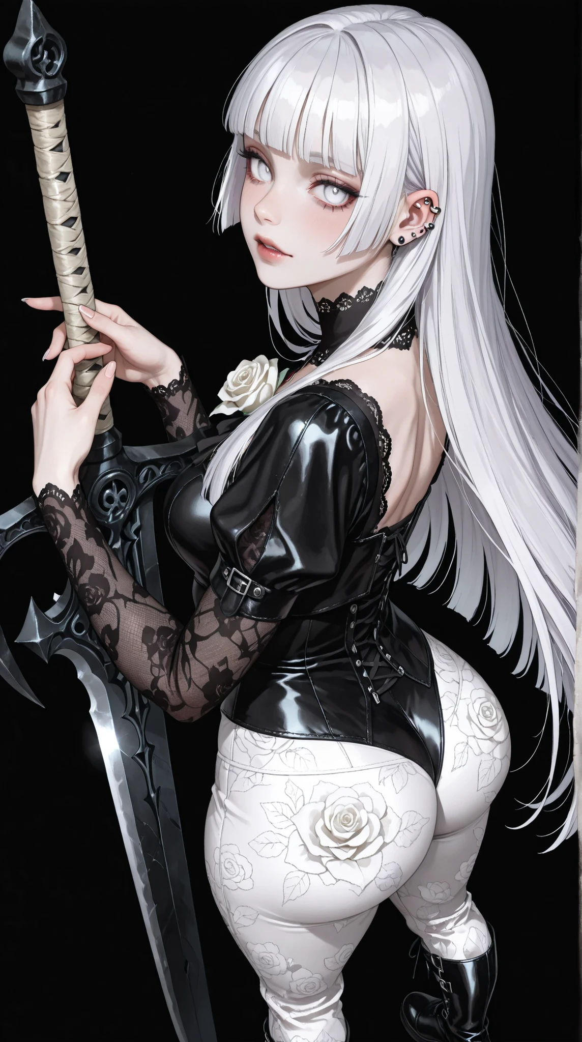 1girl, vampire, standing, segmented blade sword, fair skin, cropped white lace gothic top, piercings, beautifully detailed white eyes, long thick white hair, hime cut,looking back at viewer, thick thighs, leather mesh gothic white rose print pants, long ornate boots, BREAK (absurdres, highly-detailed, best quality, masterpiece, very aesthetic,:0.3) perspective, dutch angle, from above, black background
