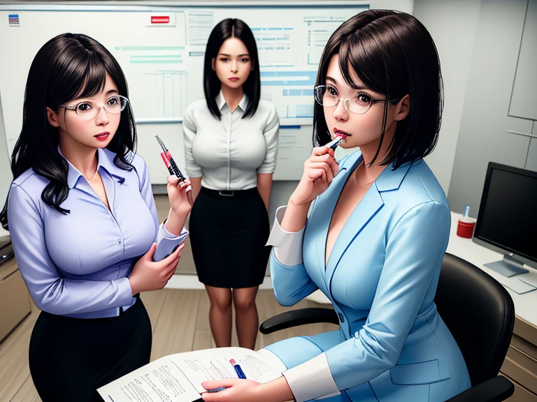 Aubrey Plaza, short black hair, choker necklace, secretary, in modern office, sisters, short business skirt, tight white blouse, cleavage, seductive pose, leaning over, blushing, (blushing:1.5), huge breasts, (huge breasts:1.5), big butt,
