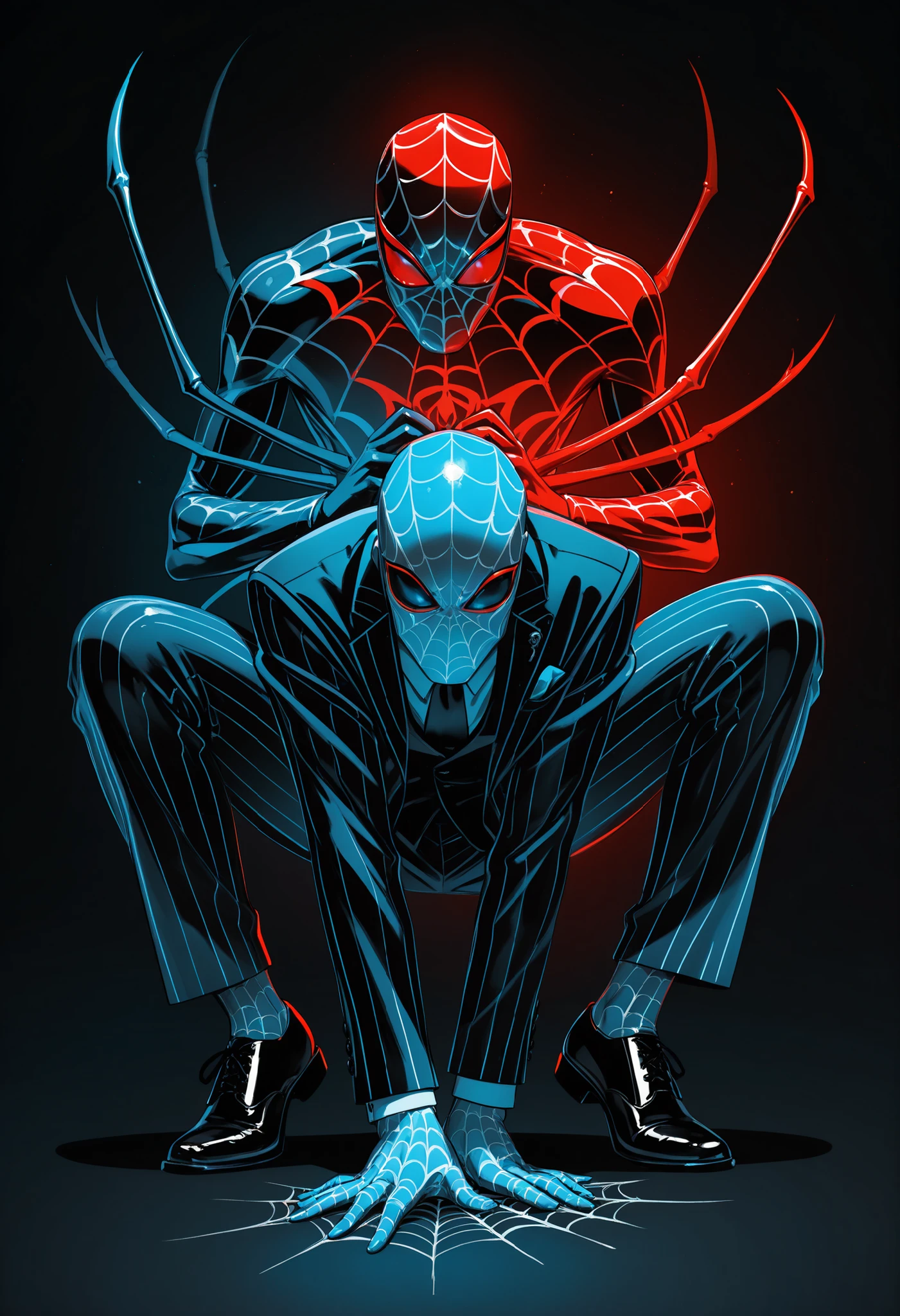 Masterpiece,The best quality,newer,absurdres,highres,monochrome,logo on black background,Red scale,Blue scale,grayscale,vivid colors,spiderman,dynamic pose,Red and blue suit,(Photo),super detallado