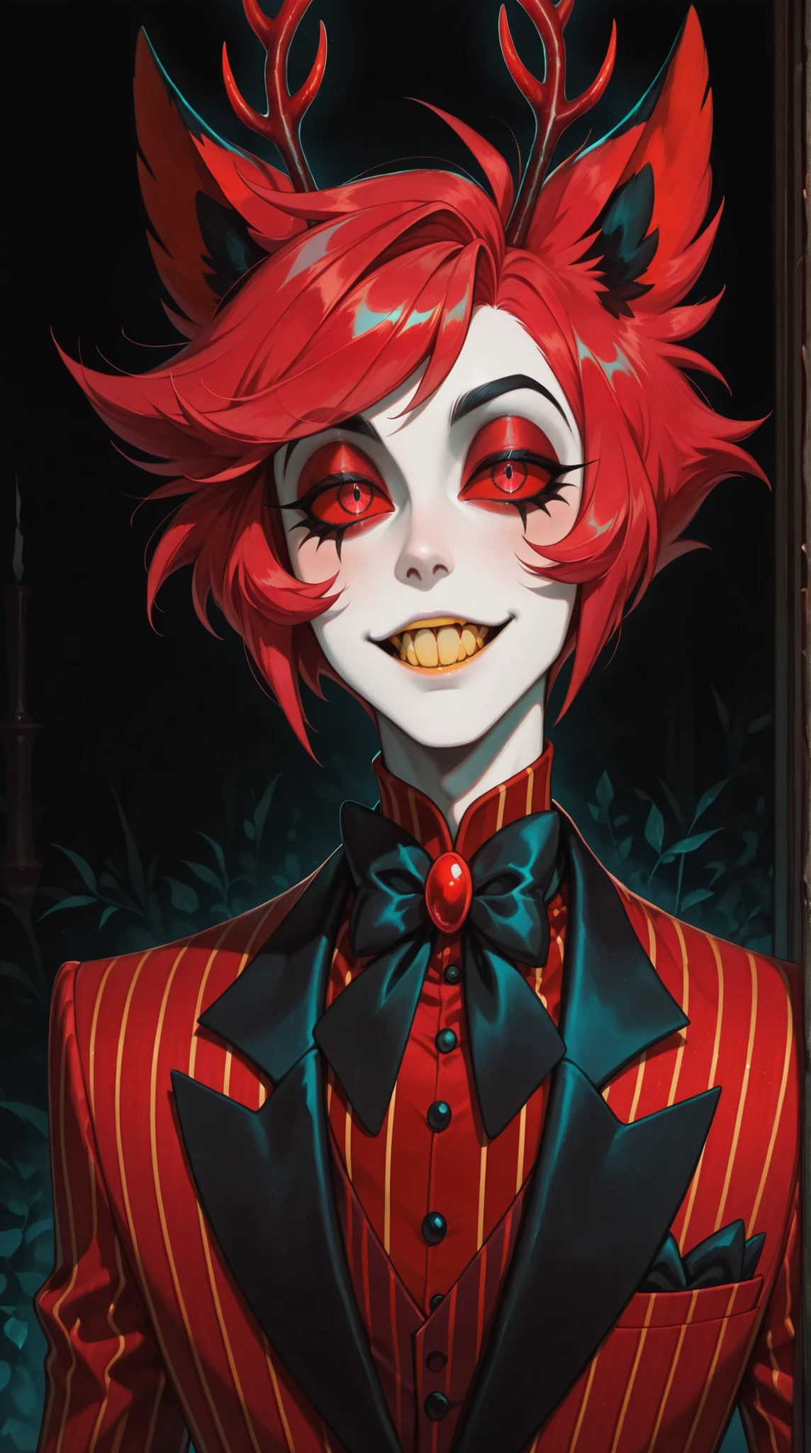 1boy,male,h (Alastor Hazbin Hotel), a red haired male,red pinstripe suit,red eyes red sclera, antlers, ears, yellow teeth,soft lighting, semi-realism,masterpiece, best quality,absurdres