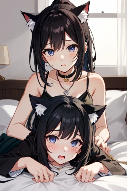 two girls with big breasts、Lying down position、brown hair、black hair、brown eyes、smile、long hair、dog ears、Kimono Maid Clothing、slipper、belt、Bed、Japanese style room