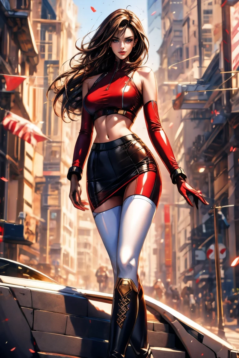 motor irreal:1.4,CG ultra realista 64K, big , big tits, fotorrealista:1.4, textura de la piel:1.4, obra maestra:1.4,posing behind Hermosa mujer Usando un disfraz sexy de Supergirl, cabello rubio y rubio, ojos azules, ropa interior, traje de super cyberpunk .red Lingerie,pantyhose, caderas anchas,An apocalyptic city of fire, mostrando vientre plano,Minifalda roja, ,hermosas manos finas,