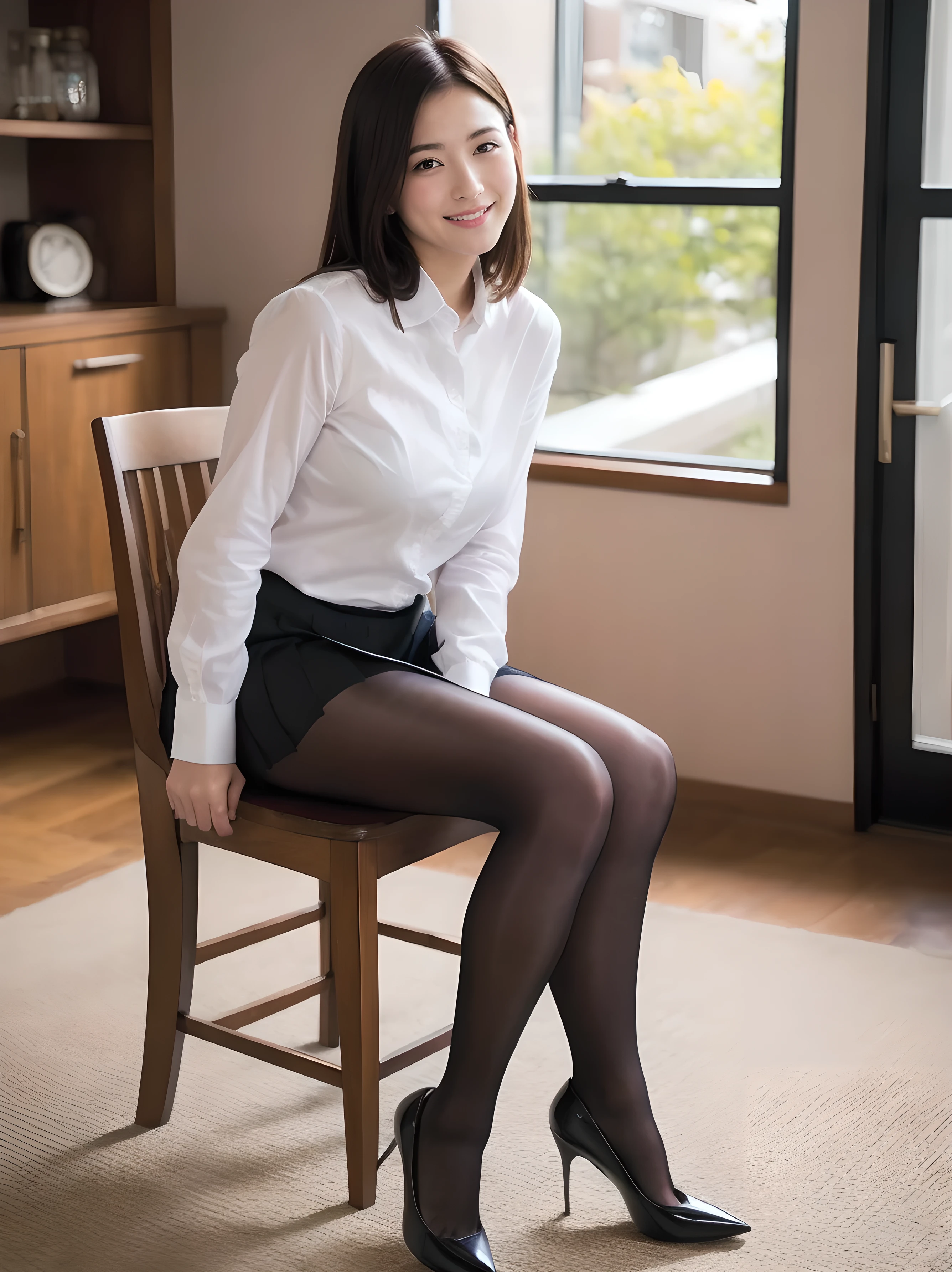 ((traditional Japanese room、On tatami mats))、A smile、(realisitic、Photorealsitic:1.37)、(masterpiece)、(top-quality:1.4)、(超A high resolution:1.2)、(Raw photography:1.2)、(sharp focus:1.3)、(Sitting on the floor:1.2)、opens legs、elegent、(full body Esbian:1.2)、(One girl in a detailed pencil skirt and black suit jacket and white shirt:1.3)、(OL)、professionattire、high-heels、(24 year old:1.1)、(smile:1.3)、(Shine Hair:1.3)、 brown haired、bob cuts、 Short pencil skirt (Colossal tits:1.2)、(Bright daytime indoors:1.2), shot from a side angle、beautiful finely detailed eyes、 see the beholder,、(cute little)、(((high-heels)))、White underwear、((front view)),((e cup titts))