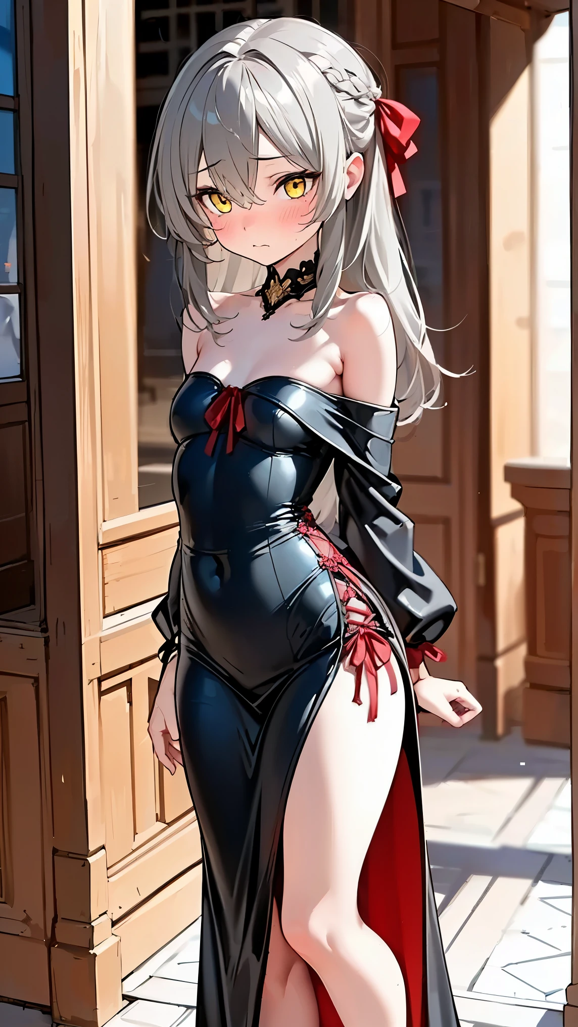 8K (high resolution) (Super Detail) (masterpiece) (Best Quality) detailed eyes Detailed Faces detailed hands Delicate hair detailed wrinkles on clothes very elaborate body fine skin solo early s yellow eyes (Grey Hair) long hair red ribbon on the side of the head ( small ) flushed cheeks embarrassed expression Red and black dress off shoulder Night Temple Scenery seen from afar full body view