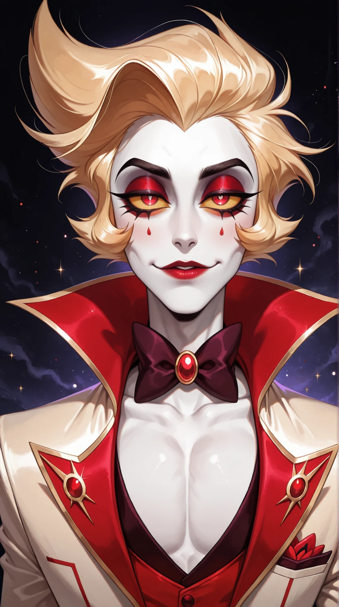 1boy,male, Lucifer Morningstar (hazbin hotel),white skinned, cheek,slight purple eyelids,blond hair, light yellow sclera,red pupils, semi-realism,masterpiece, best quality,absurdres