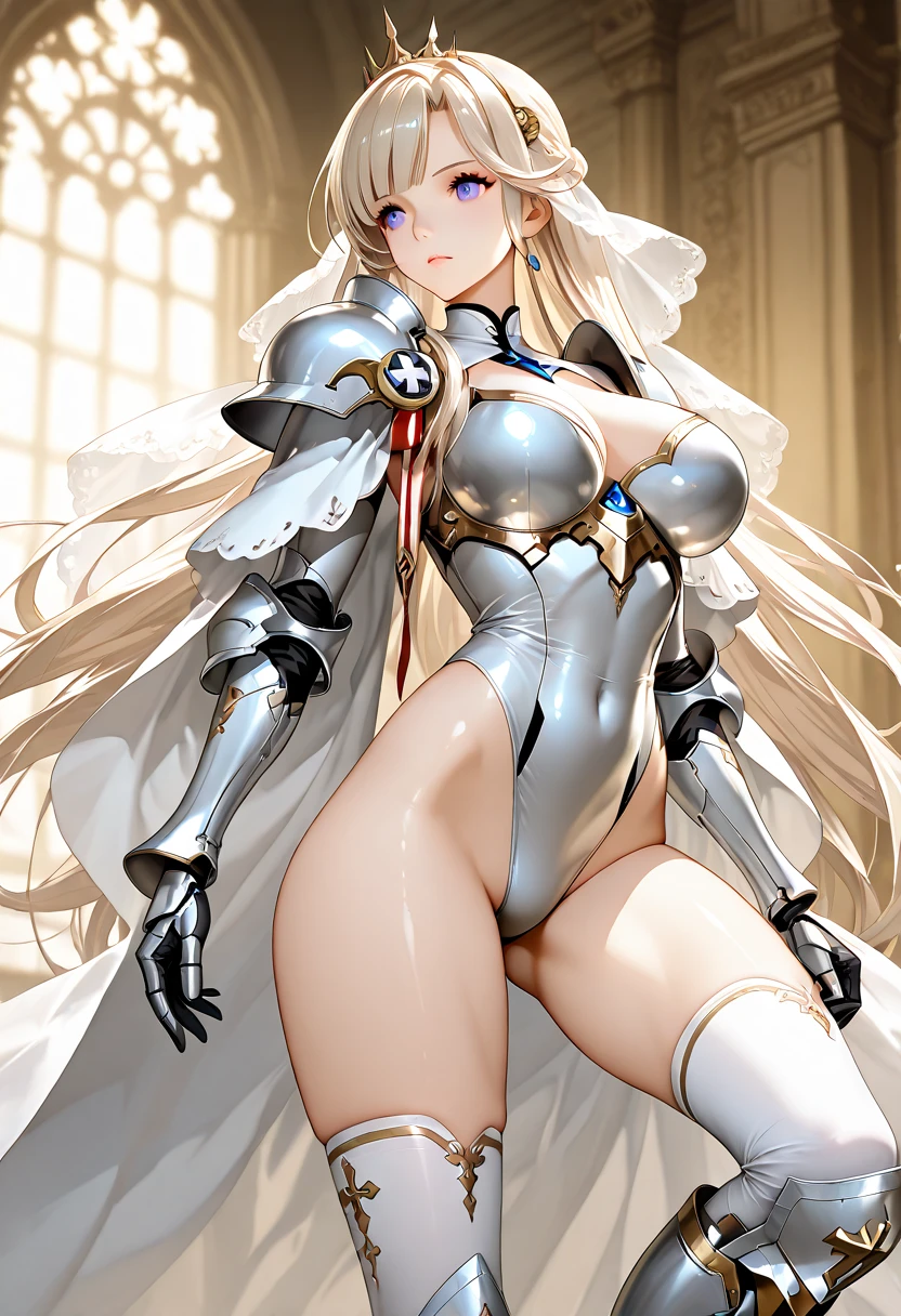 （masterpiece、8K、Ultra-delicate、hight resolution），(((Female Ultraman)))，(((No muscles，large Boob)))，(her head is tapering,The body is made of red and silver，blue armor,The arms present a streamlined design，On the chest there is a round calculator，Looks tall and thin，The overall shape is streamlined、Modern)，posed for photo，high-angle，city ruins，backgroung details，（（（full body Esbian））），独奏，(((Huge feeling))),NSFW,Cameltoe,(Dynamic victory Pose:1.2),from below,groin focus,the morning sun,(Erect clitoris:1.3),((Open pussy:1.5)),(wet pussy:1.1),(long silver hair:1.1),red blush,smile、Attaching a cloak