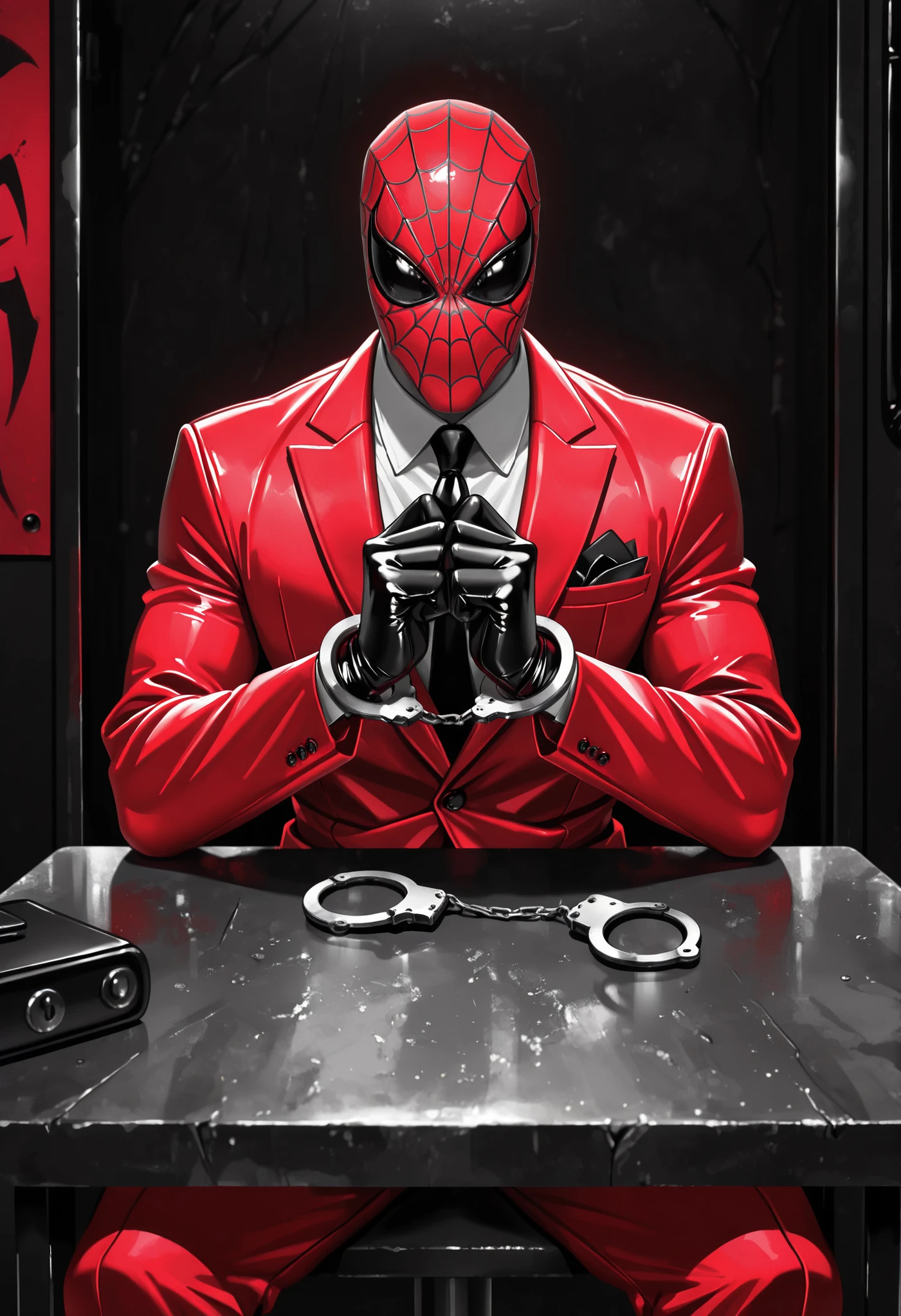 Masterpiece,The best quality,newer,absurdres,highres,monochrome,logo on black background,Red scale,grayscale,vivid colors,spiderman,Sitting,suit red and blue,super detallado,interrogation room,table, handcuffs on the wrists,Incarcerated,hands together,interrogation