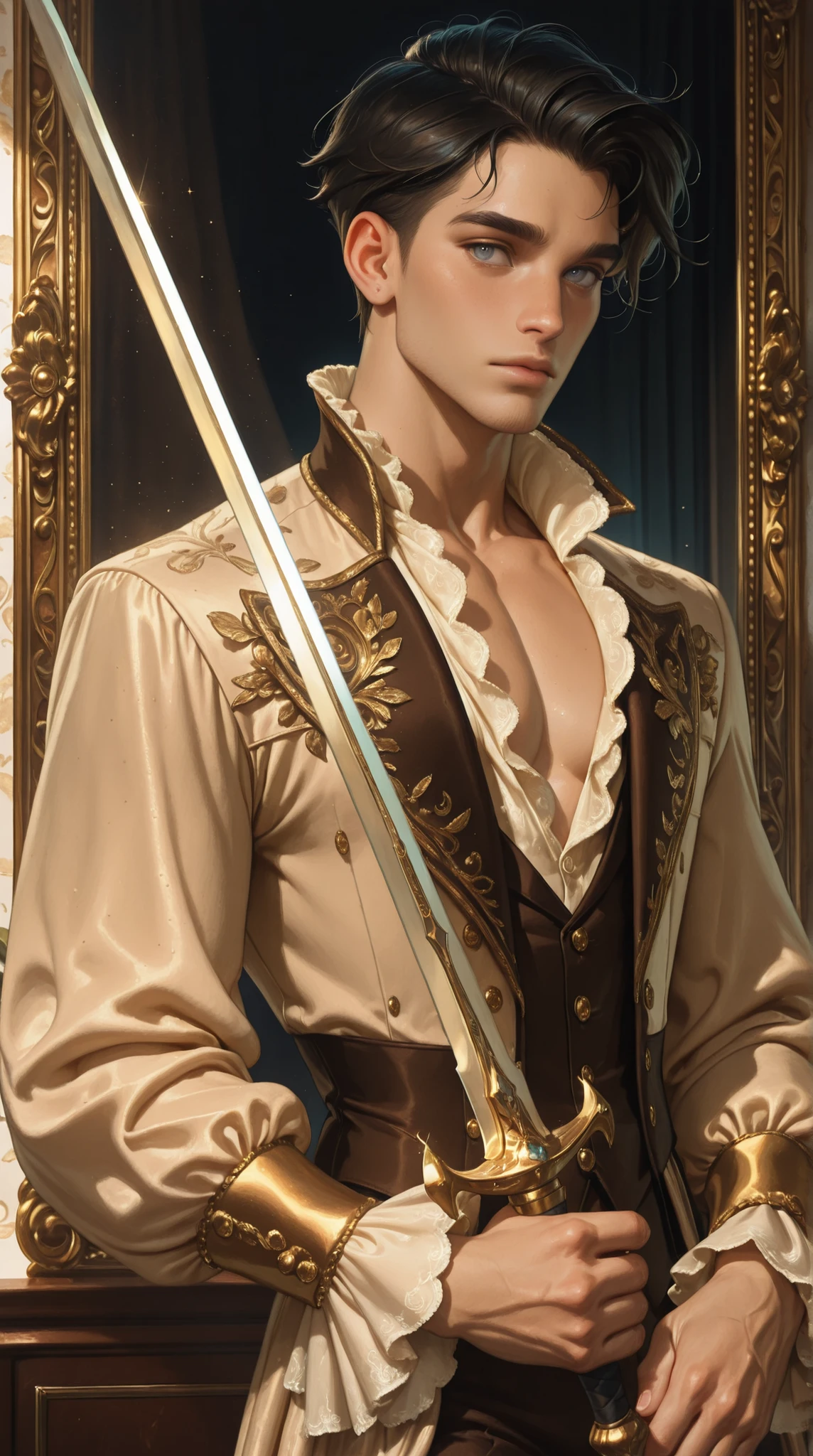 (TangoBat:0.7),(Sakimichan:0.7), 1boy,male, A stylishly dressed male anime character, with short dark hair and a dark, ornate, Victorian-inspired suit, featuring gold embellishments, light beige/cream shirt, and holding a sword; detailed rendering in a light, almost ethereal, painterly style ,masterpiece, best quality,absurdres