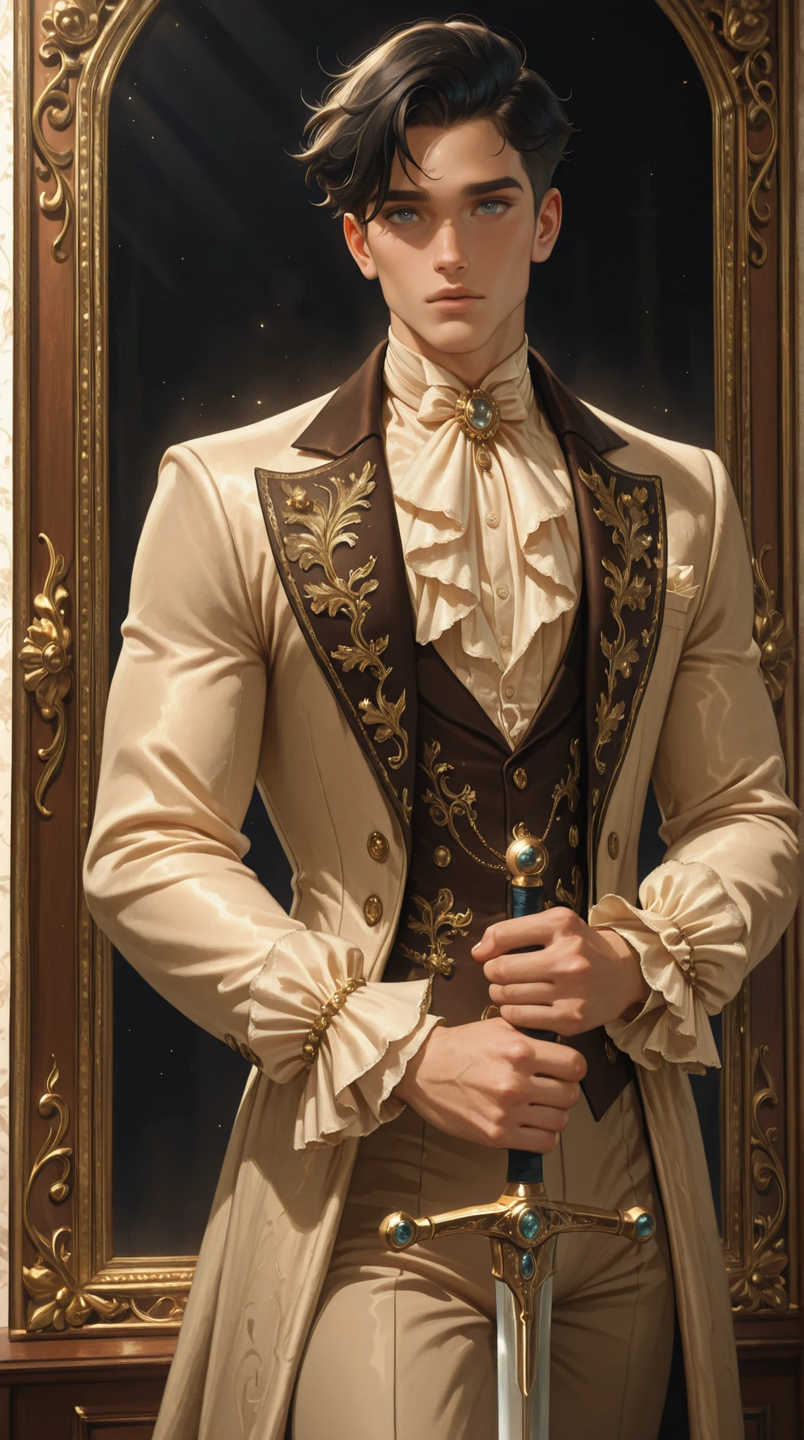(TangoBat:0.7),(Sakimichan:0.7), 1boy,male, A stylishly dressed male anime character, with short dark hair and a dark, ornate, Victorian-inspired suit, featuring gold embellishments, light beige/cream shirt, and holding a sword; detailed rendering in a light, almost ethereal, painterly style ,masterpiece, best quality,absurdres