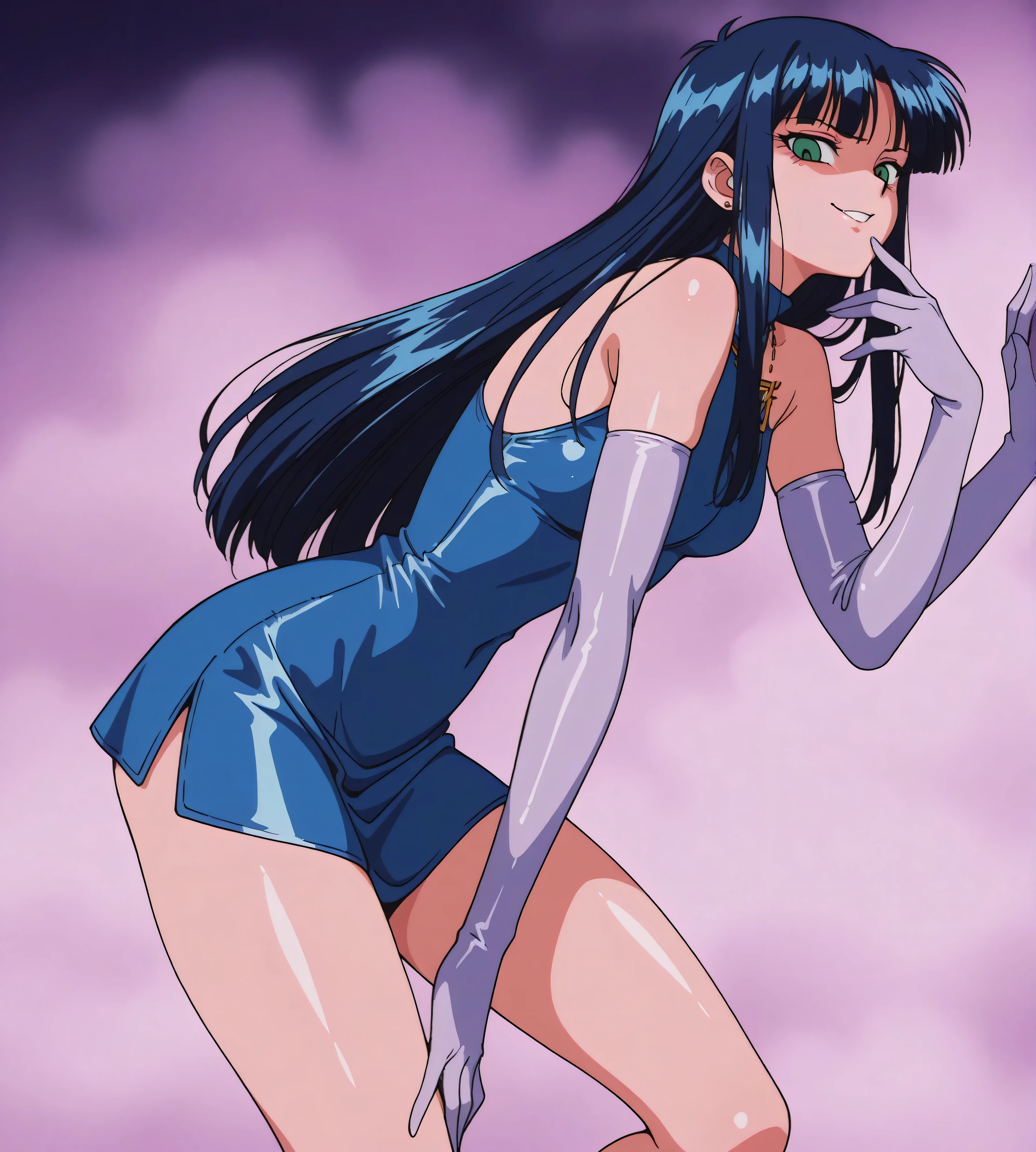 1990s (style) 1980s (style) retro artstyle, memeMMM, purple eyes, blue hair, long hair, naked, elbow gloves, thighhighs, red high heels, cleavege, NSFW