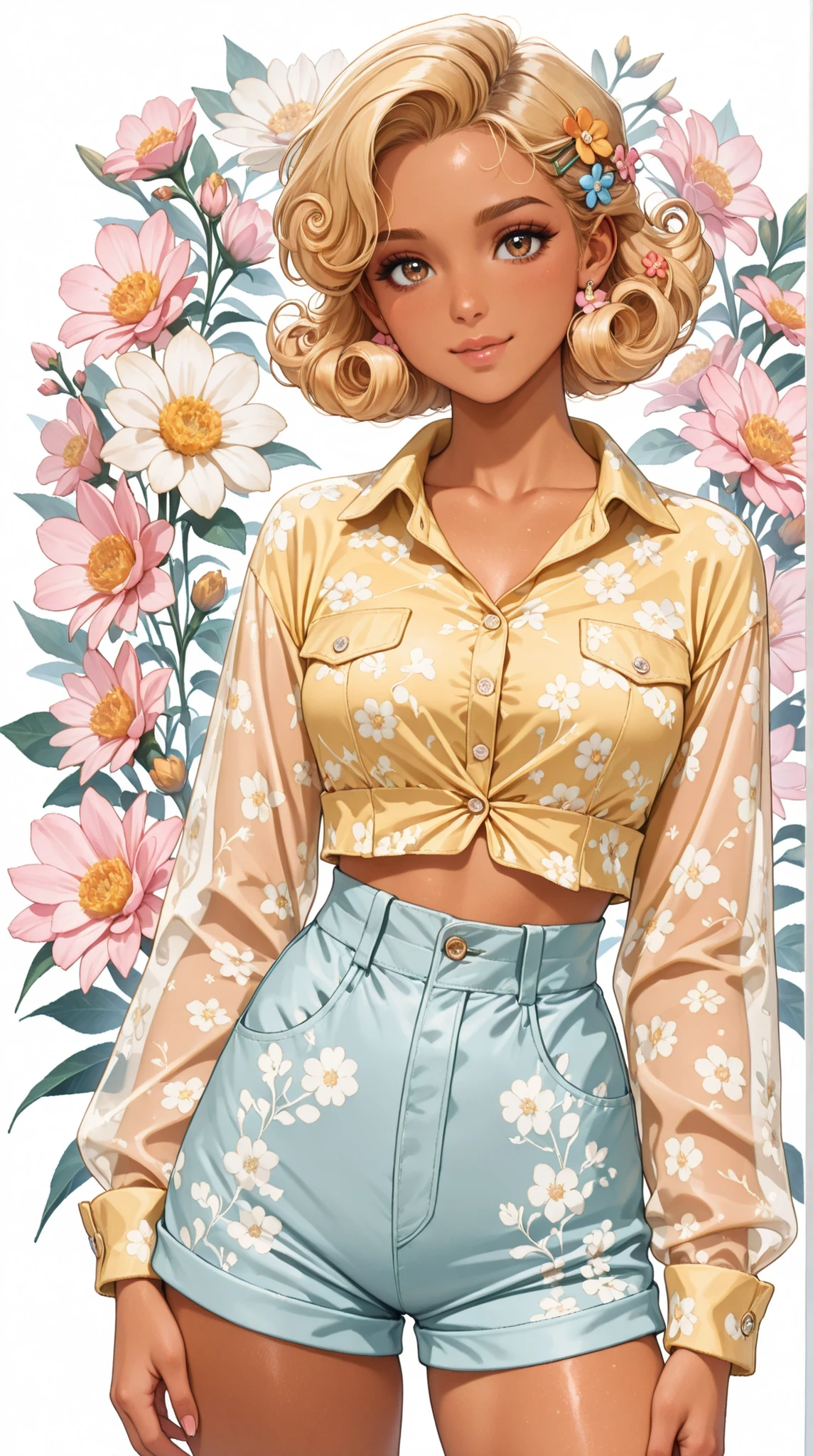 (((Masterpiece))), a top influencer woman, top quality, super detailed, cute and spunky, retro 60's style, fair skin, short curly blonde hair with flower clips, yellow button up crop top transparent floral print sleeves, tan high waist button up shorts, floral background