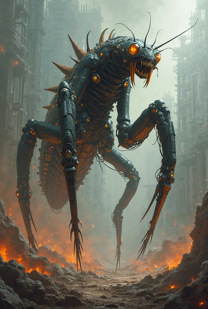 A grotesque amalgamation of twisted metal and organic matter, the schlocky zenithal asymmetric creature in this gouache painting is a monster born of nightmares. The main subject is a bizarre creature with limbs contorted at unnatural angles and protrusions of jagged, rusted metal jutting out from its misshapen form. This painting captures the essence of horror in vivid detail, with vibrant splashes of red and black creating a sense of dread. The quality of the image is exceptional, with every brushstroke meticulously placed to enhance the overall effect of unease and terror.