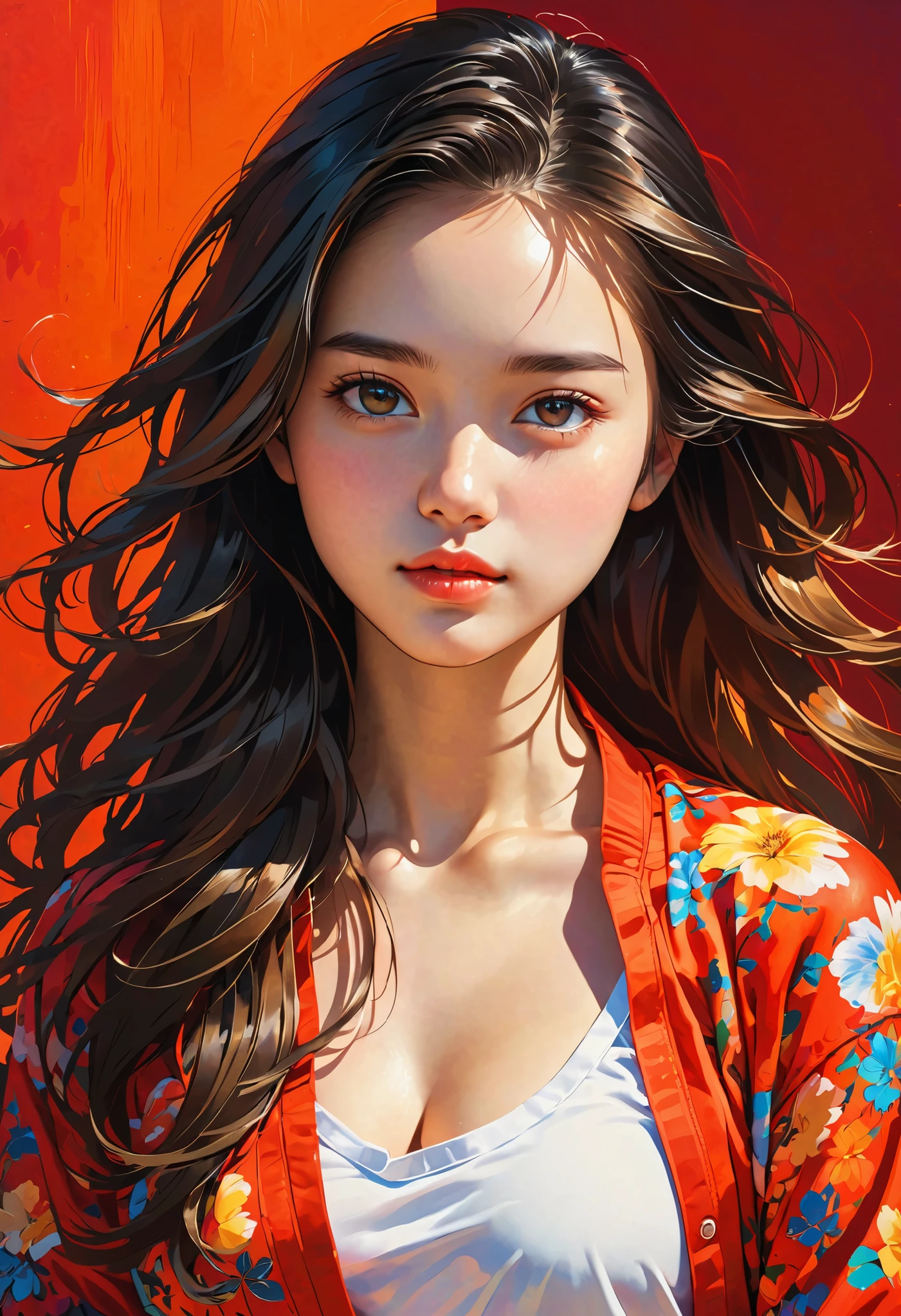 high definition illustration art、masterpiece、 18 year old beautiful woman ,long hair,vivid colors,high contrast,(natural skin texture, hyperrealism, Strong light shines on it, sharp), red background ,Clarify light and dark、 various poses