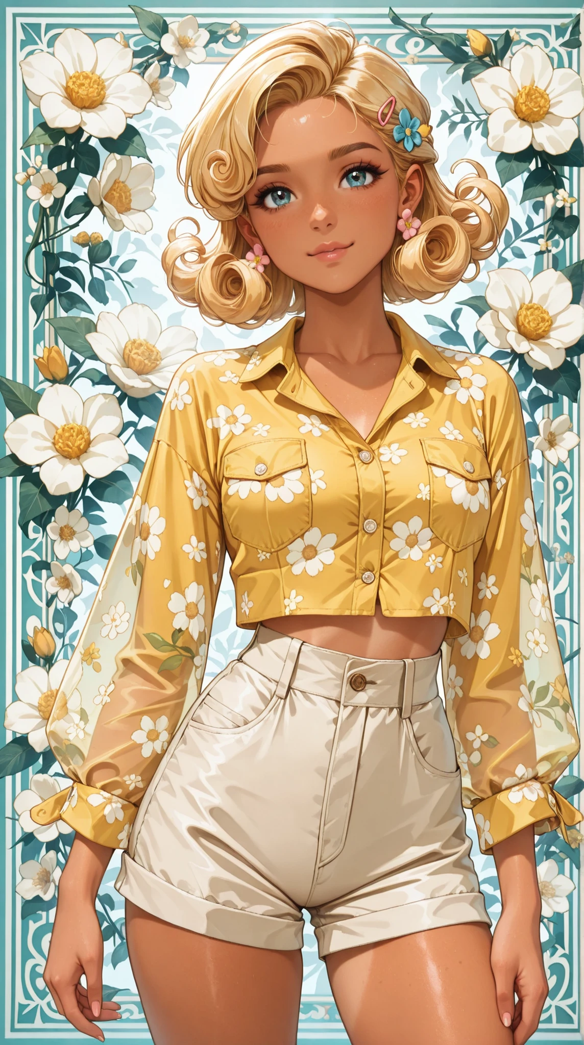 (((Masterpiece))), a top influencer woman, top quality, super detailed, cute and spunky, retro 60's style, fair skin, short curly blonde hair with flower clips, yellow button up crop top transparent floral print sleeves, tan high waist button up shorts, floral background