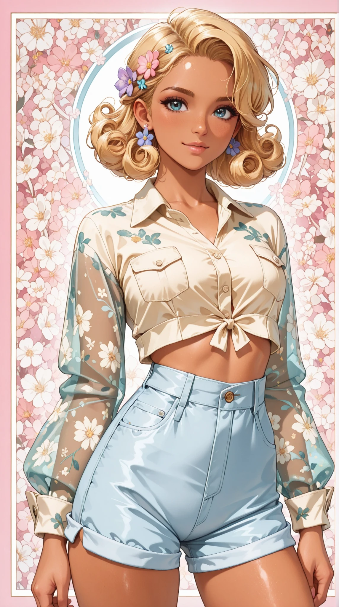 (((Masterpiece))), a top influencer woman, top quality, super detailed, cute and spunky, retro 60's style, fair skin, short curly blonde hair with flower clips, yellow button up crop top transparent floral print sleeves, tan high waist button up shorts, floral background