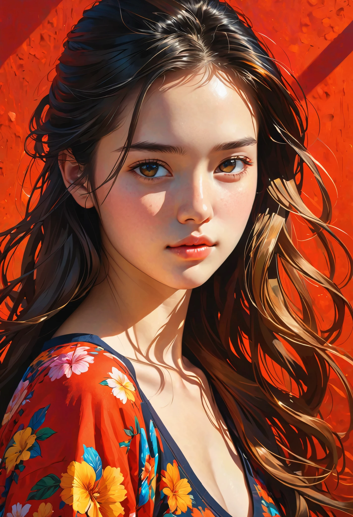 high definition illustration art、masterpiece、 18 year old beautiful woman ,long hair,vivid colors,high contrast,(natural skin texture, hyperrealism, Strong light shines on it, sharp), red background ,Clarify light and dark