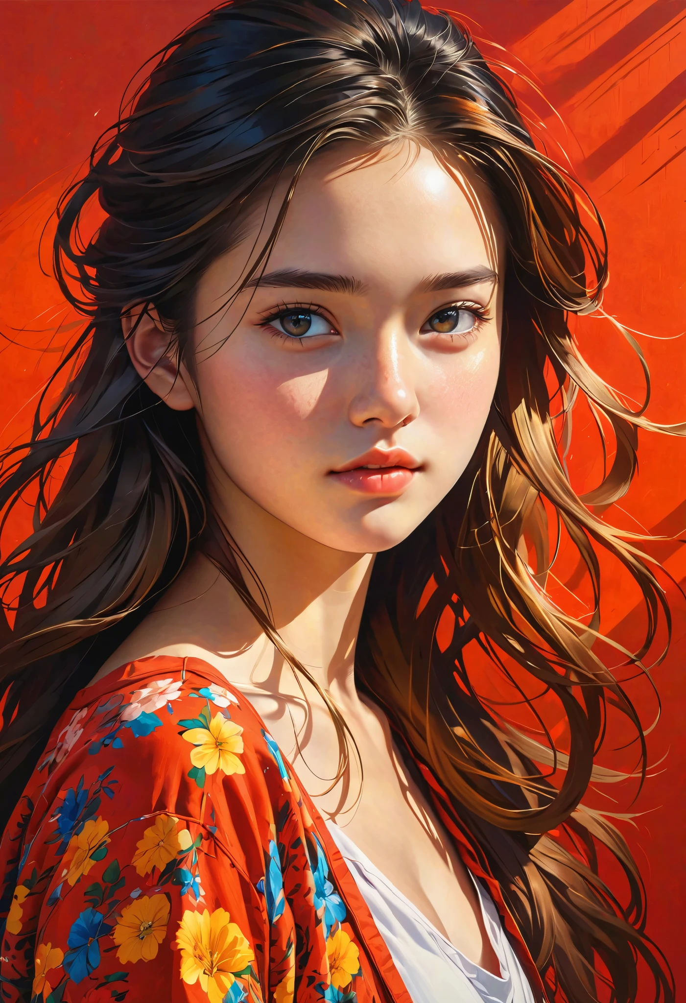 high definition illustration art、masterpiece、 18 year old beautiful woman ,long hair,vivid colors,high contrast,(natural skin texture, hyperrealism, Strong light shines on it, sharp), red background ,Clarify light and dark