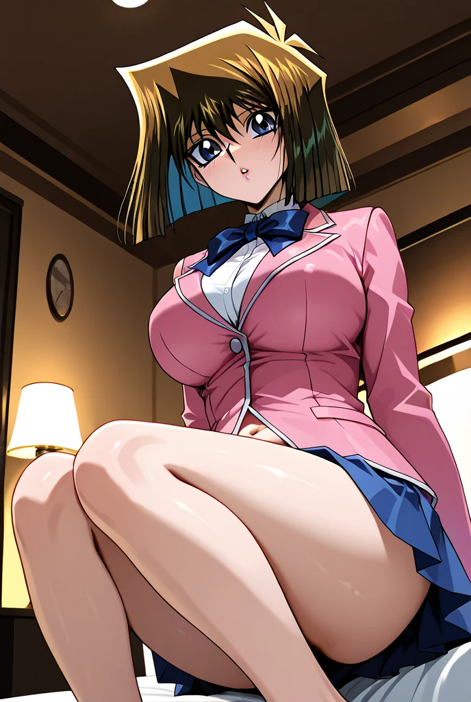((Katsuragi Castle_Misato)), Sailor suit,Miniskirt Photo shoot in apartment, Moderate_chest, Purple Hair,blush、 (analog quality:0.6), (Film Grain:0.8),Skirt lifted、Panty shot、Showing cute panties、Legs apart、M-shaped legs、Sit at the table
