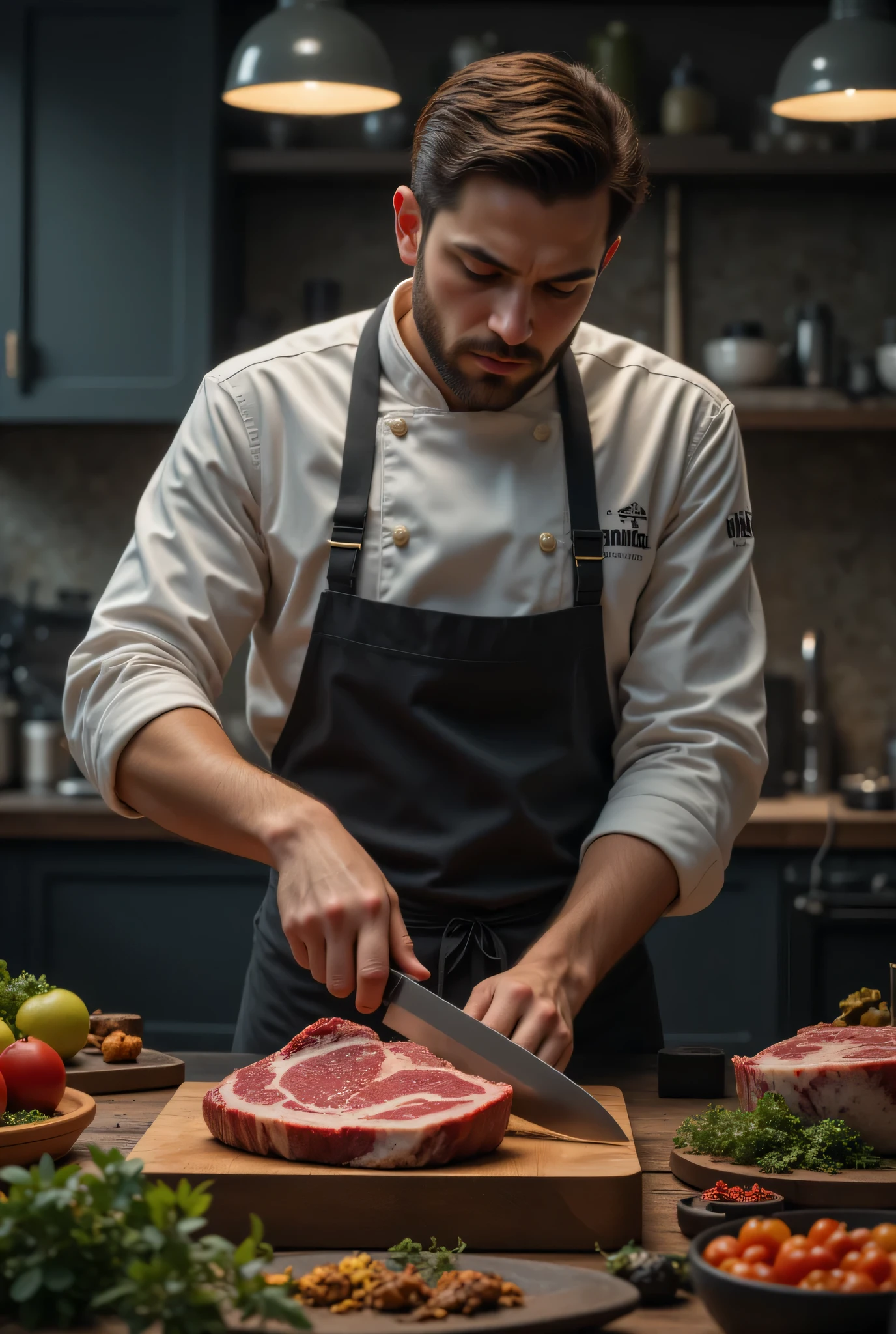 Description: Create an ultra realistic 8K image depicting a chef Renowned for cutting high-quality meat. The scene must convey professionalism and passion for cooking, highlighting the texture and authentic color of the meat.
Key elements:
chef: A chef with an impeccable uniform, using a high-quality knife, with a serious and concentrated approach.
meat: A juicy cut of meat, well presented , with details that highlight their freshness and quality.
Around: A modern and elegant kitchen, with high-end kitchen utensils and lighting that highlights the authentic colors of the meat.
details: Add elements such as fresh herbs, spices and a wooden cutting board, to give a gourmet touch.
style: realistic, with vibrant colors and a focus on visual quality.