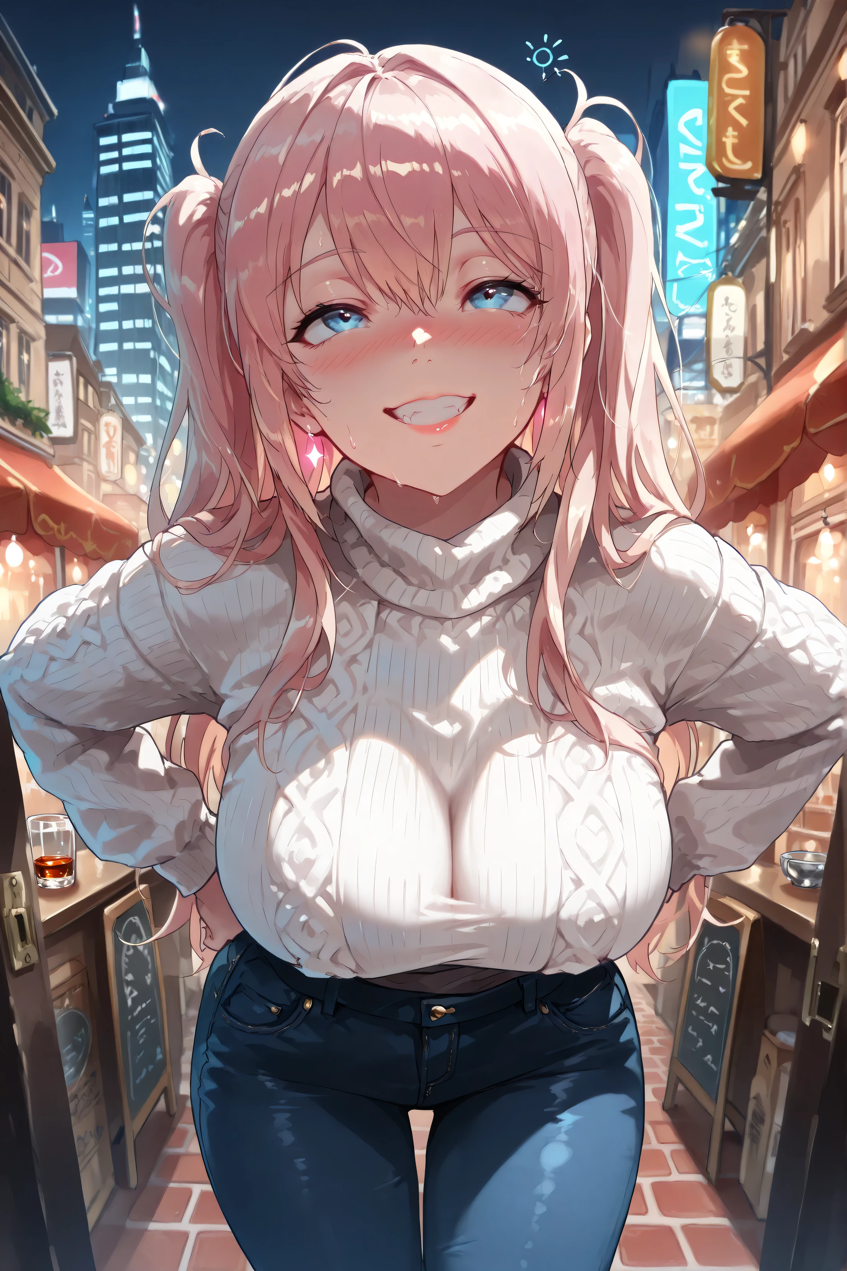 (mesugaki:1.3), (1girl, solo, extreme proportions:1.3),
(huge breasts:1.2), (exposed belly:1.2), (sweat:1.1), full body, (thin fingers:1.1),
((model-thin proportion:1.3)), (ethereally slender:1.3), (paper-thin waist:1.4),
(bony:1.2), (protruding ribs:1.2), (protruding collar bones:1.2),
(underweight:1.3), (narrow waist:1.4),
((tight white sweater:1.4)), (long sweater:1.3), (fully covered torso:1.3),
((jeans:1.3)), (snug fit:1.2), (casual outfit:1.2),
(long pink hair:1.3), (flowing hair), (hair in motion),
(blue eyes:1.3), ((detailed eyes:1.3)), shiny eyes, long eyelashes, fluttering lashes,
((detailed face:1.3)), youthful beauty, sweet expression,
((detailed lips:1.3)), glossy lips,
((detailed skin:1.3)), flawless skin, soft glow skin,
(drunk:1.3), flushed cheeks, droopy eyes, tipsy expression, half-lidded eyes, dazed smile, glossy eyes,
(from below angle:1.3), (looking up:1.3), (eye contact:1.2),
(teasing smile:1.3), (provocative expression:1.3), seductive pose,
(leaning forward:1.3), (forward bend), (slightly hunched posture:1.2),
(((masterpiece))), (((hyper-realistic))), ((ultra-detailed)), ((high-resolution)),
((sharp focus)), ((dynamic lighting)), ((depth of field)), ((rich textures)),
((vibrant tones)), (deep shadows:1.2), (luminous highlights:1.2), (neon glow:1.1),
((soft glow)), ((natural light)), ((cinematic lighting)), ((high contrast)), ((illuminated)),
(city background:1.3), (urban setting:1.2), (modern city street:1.2), (bokeh lights), (storefronts), (evening city glow)