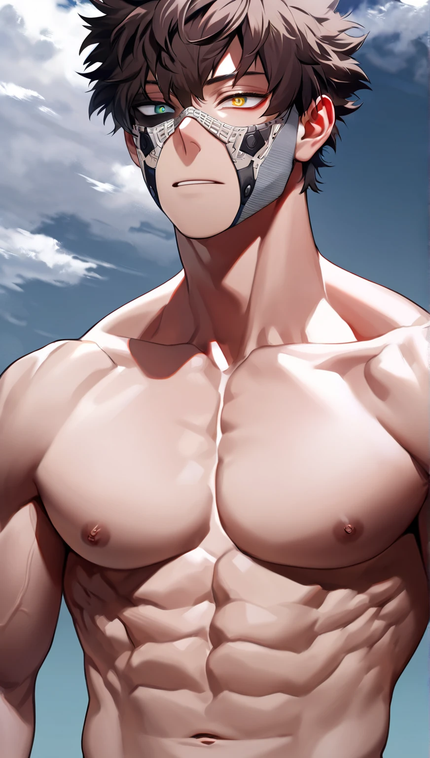 （masterpiece，Best quality，ridiculous resources）My Hero Academia》Bakugo，1 person，nude男孩，Very shy，blush，Shy，muscular，Delicate eyes，nude，(nude)，Blue eyes，Topless，upper body body，，（Fluorescent lamp），（One color），（（White background））