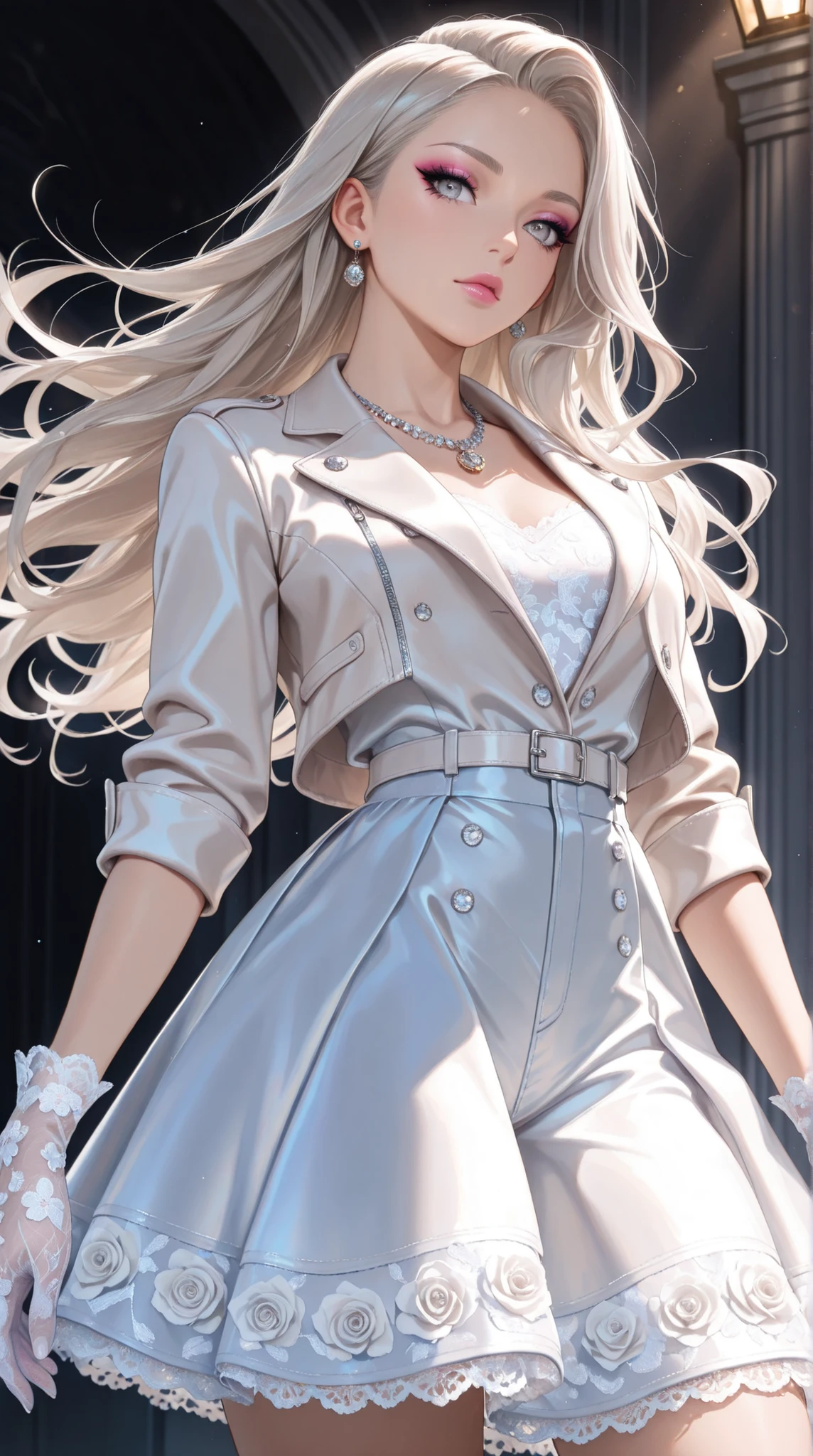 1girl, solo, long hair, platinum blonde hair, silver eyes, makeup, pink lips, mascara, eyeshadow,, rose necklace, white crop jean jacket, lace gloves, black ruffled skirt, fashionable attire, dynamic angle, side lighting,masterpiece, best quality, amazing quality, hyper-detailed, newest, very aesthetic 