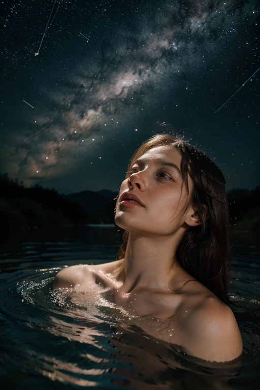 Beautiful woman floating in the night sky