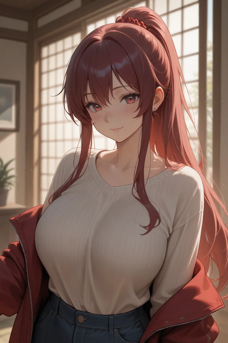 (masterpiece:1.2, best quality:1.1, highres,absurdres, high quality),(photorealistic:1.1),reflected light, colorful,ultra-detailed, ultra hd, super detailed,
iasGremory,red hair, long hair, blue eyes, ahoge, huge breasts, sweater, collarbone, downblouse,leaning forward, black pants, parted lips, nose blush, cafe,
<lora:LowRA:0.4> <lora:HighSchoolDxD_RiasGremory:0.7> <lora:downblouse-v1:0.8>