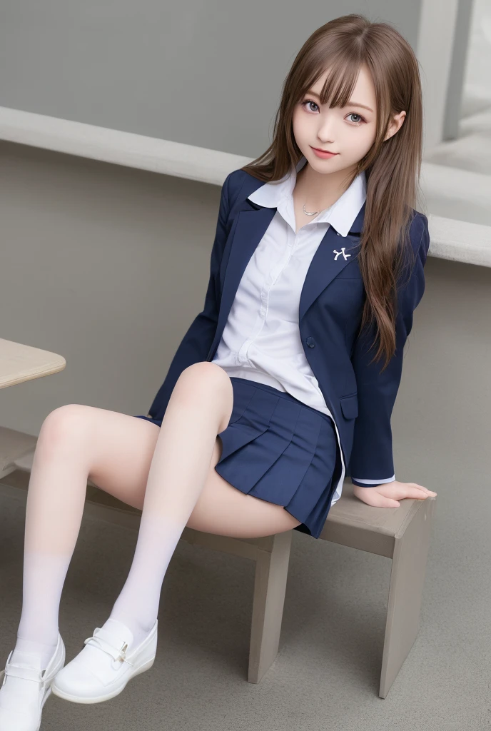 (8k), (highest quality: 1.2), (Realistic), (Realistic: 1.37), Ultra-high resolution, (1 girl), cute, blush,Embarrassed smile, Beautiful details, Beautiful Nose, straight Hair, Giant Dulcefo, pork, Thighs,Self Snap,University Uniforms,(A simple dark brown blazer:1.4),(Pleated skirt:1.2),(The skirt and tie are gray tartan check pattern.:1.3),(Sitting:1), Sit on the ground,(Hold my feet:1),(Shiny legs:1.2),from the front,knees