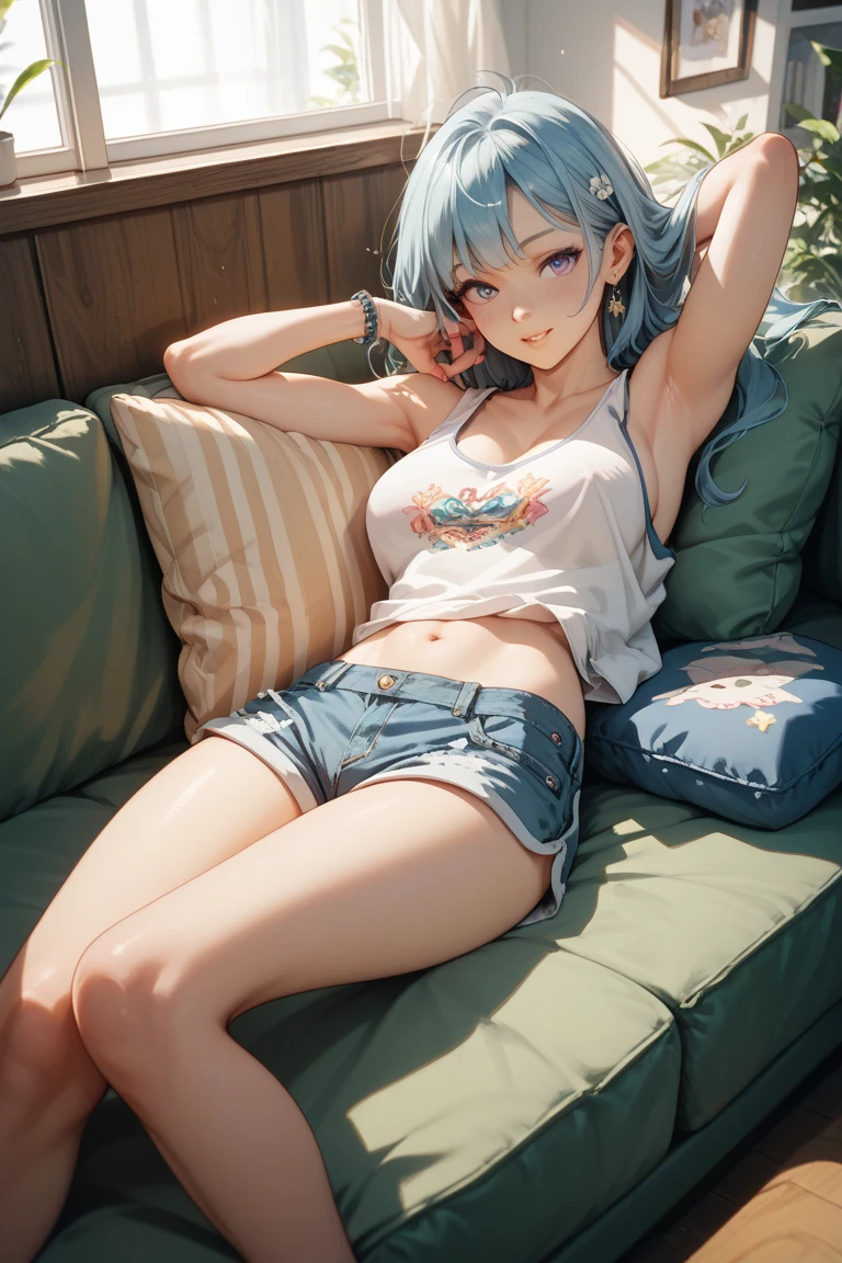 young female character; White dress; medium tits; exposed navel; blue eyes; bright medium blue hair; realistic features and detailed facial features; with a mole on the lip; 25 year old woman; mischievous smile; hands crossed with closed fists; Masterpiece; reclining position