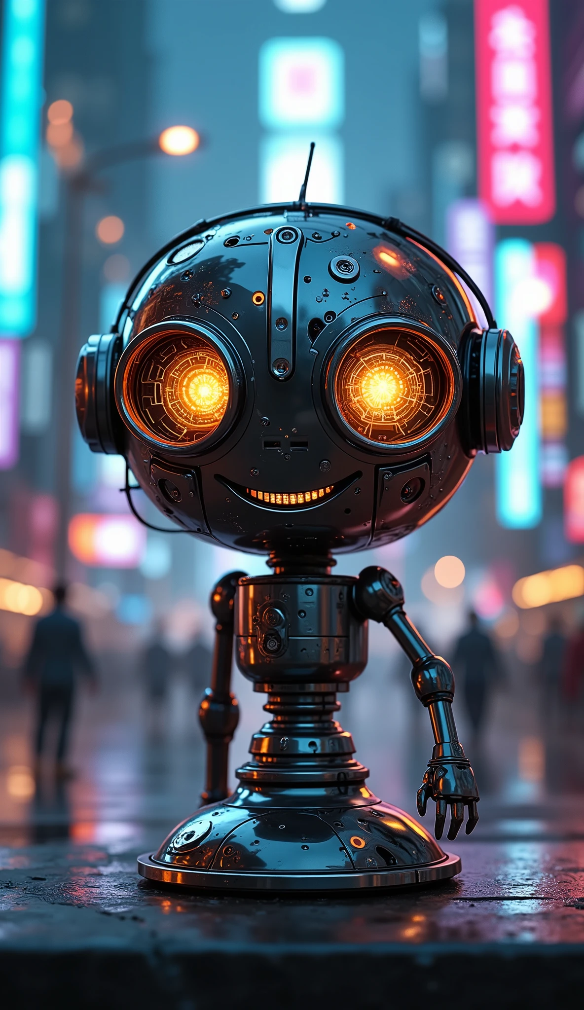 (((Pixel perfect, perfect detail))), A glass cup with smile face, cybernetic eye, the eyes of a machine with exposed electronic circuits, cyberpunk city of the near future, high resolution, realistic, photographic, physically based rendering, extremely detailed, professional, vivid colors, bokeh, metallic, dark tones, visual noise, cyberpunk, cyber, dark, futuristic, scientific