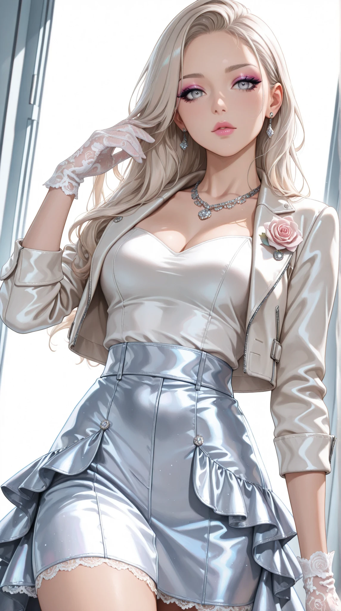 1girl, solo, long hair, platinum blonde hair, silver eyes, makeup, pink lips, mascara, eyeshadow,, rose necklace, white crop jean jacket, lace gloves, black ruffled skirt, fashionable attire, dynamic angle, side lighting,masterpiece, best quality, amazing quality, hyper-detailed, newest, very aesthetic