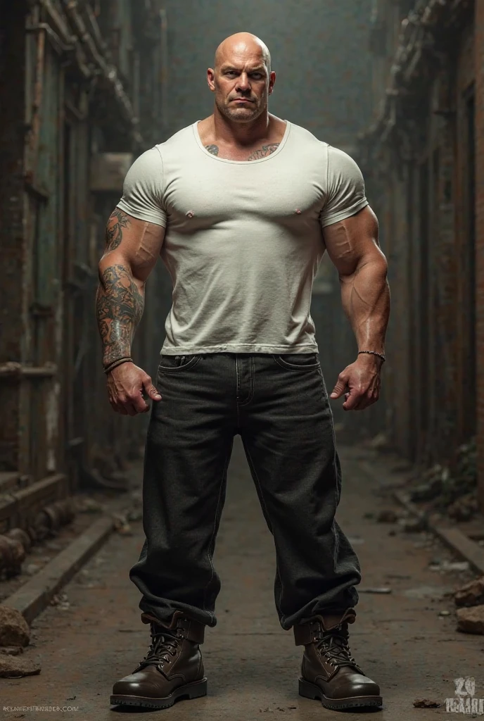 man 2.40 meters, robust, muscular, serious countenance, Lost look, in a lonely alley, Whole body, clenched jaw, Light hair, frown, big jaw, Hollow eyes